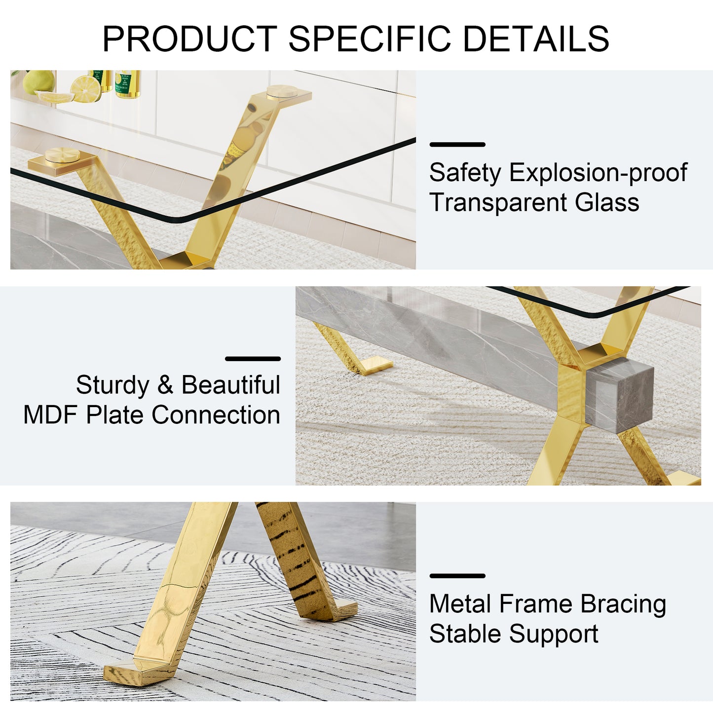 Luxury Tempered Glass Table and Gold Plated Dining Chair Set- 8 Seater, Black_5