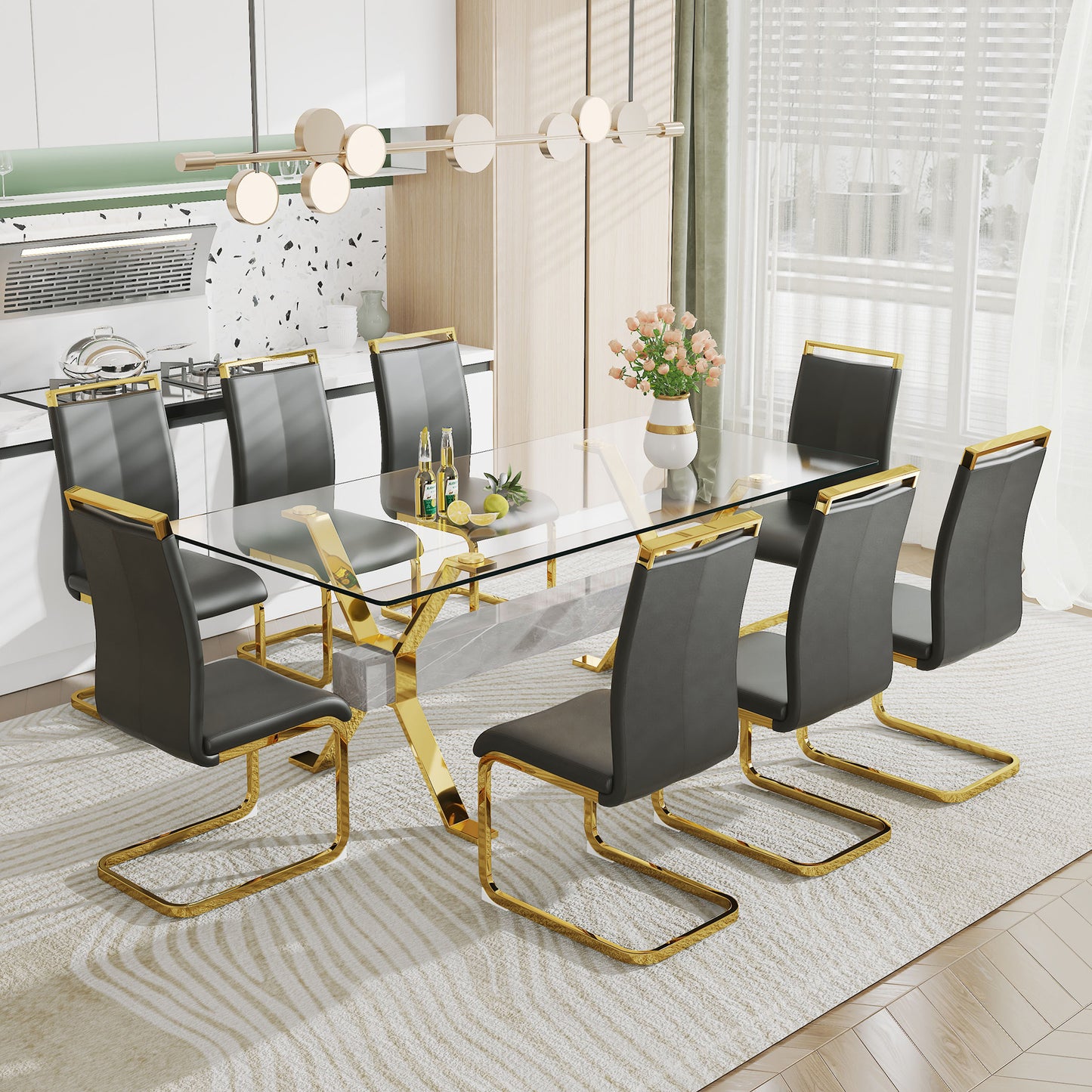 Luxury Tempered Glass Table and Gold Plated Dining Chair Set- 8 Seater, Black_1