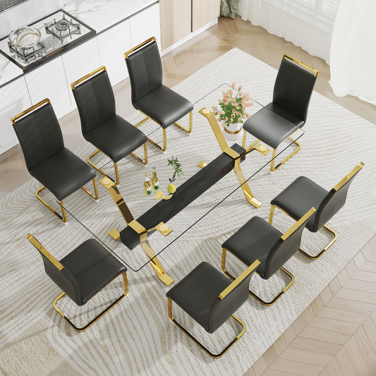 Modern Luxury Tempered Glass Table and Gold Plated Dining Chair Set- 8 Seater, Black_0
