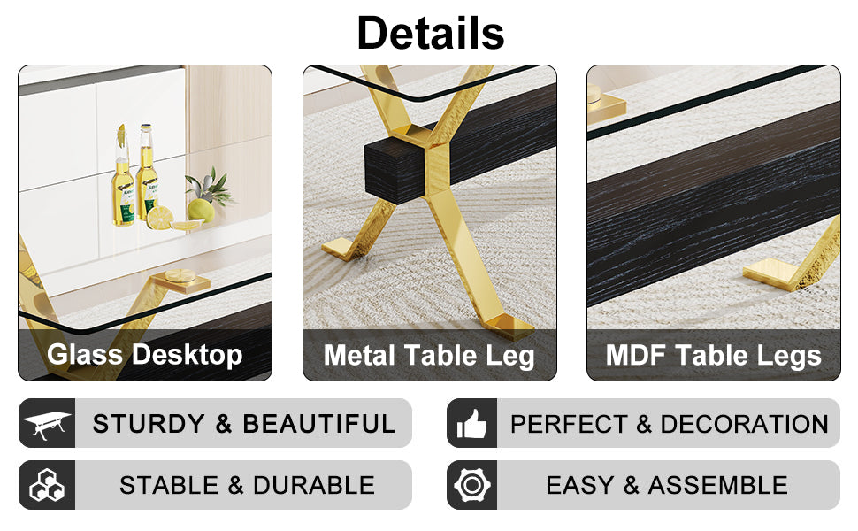Modern Luxury Tempered Glass Table and Gold Plated Dining Chair Set- 8 Seater, Black_5