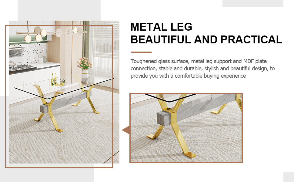 Modern Luxury Tempered Glass Table and Gold Plated Dining Chair Set- 8 Seater, White_12