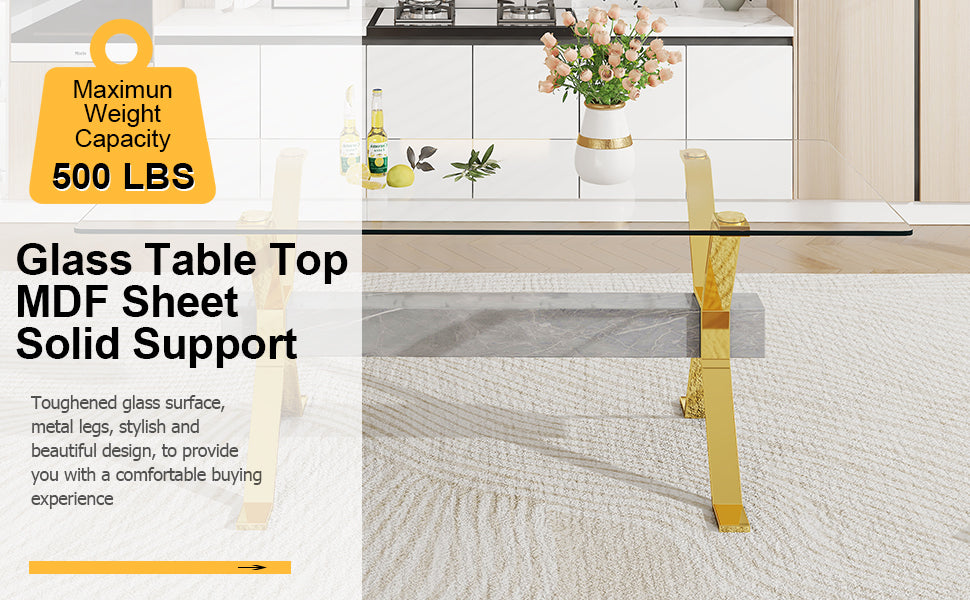 Modern Luxury Tempered Glass Table and Gold Plated Dining Chair Set- 8 Seater, White_13