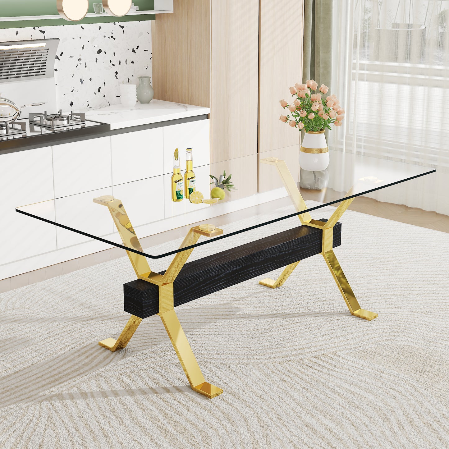Luxury Tempered Glass Table and Gold Plated Dining Chair Set- 8 Seater, White_2