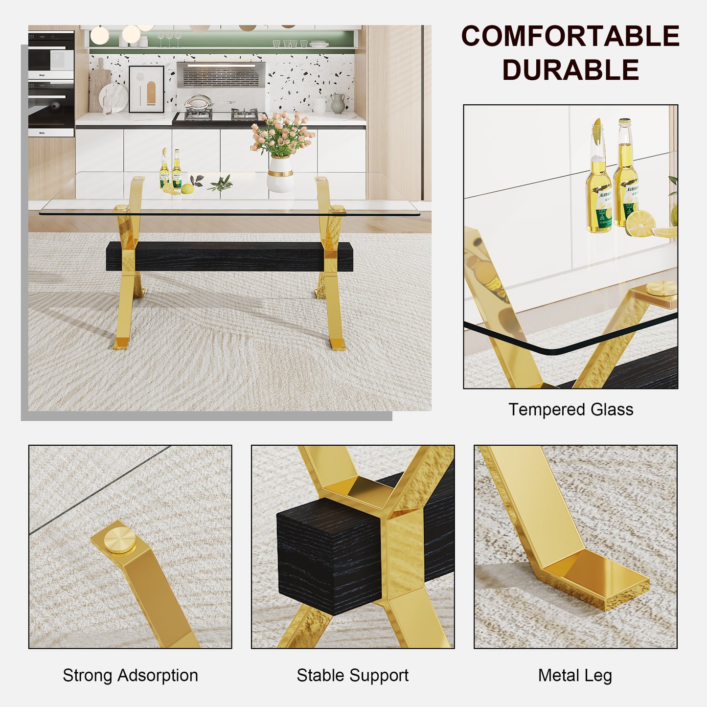 Luxury Tempered Glass Table and Gold Plated Dining Chair Set- 8 Seater, White_4
