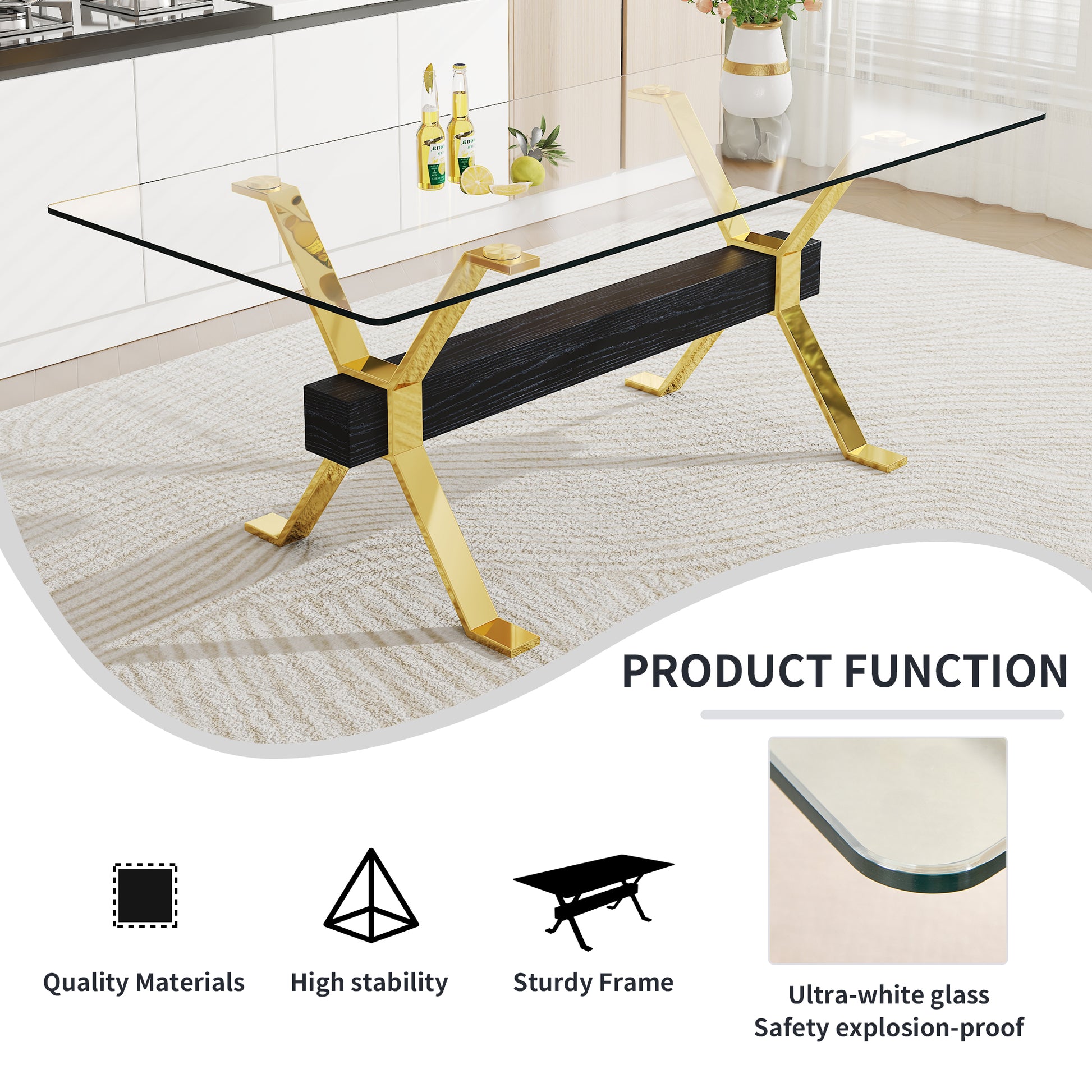 Luxury Tempered Glass Table and Gold Plated Dining Chair Set- 8 Seater, White_6