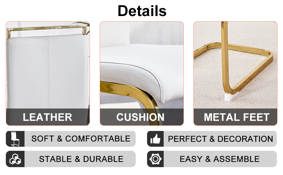 Rectangular Marble Designed Table and Gold Plated Dining Chair Set- 6 Seater, White+White_10