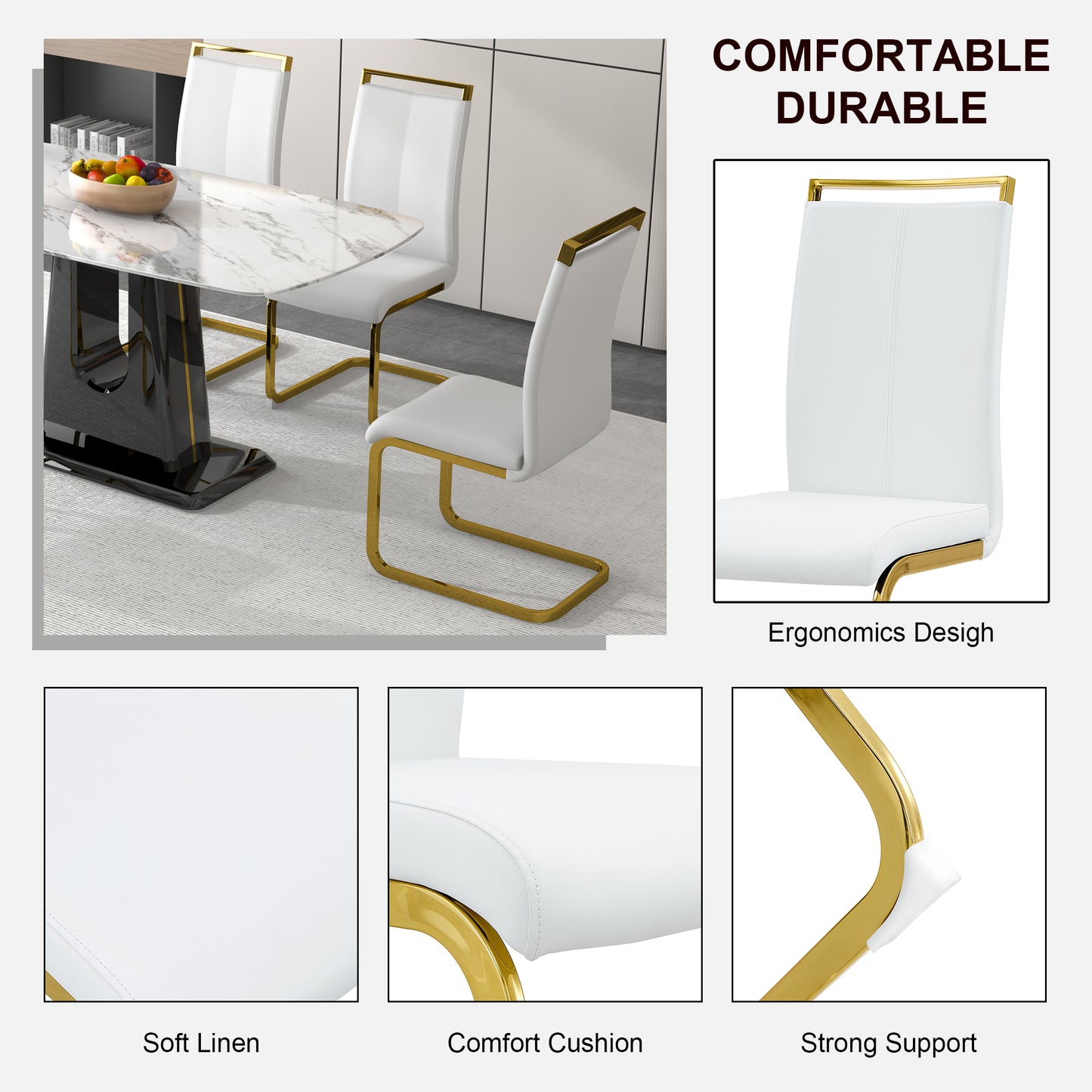 Rectangular Marble Designed Table and Gold Plated Dining Chair Set- 6 Seater, White+White_5