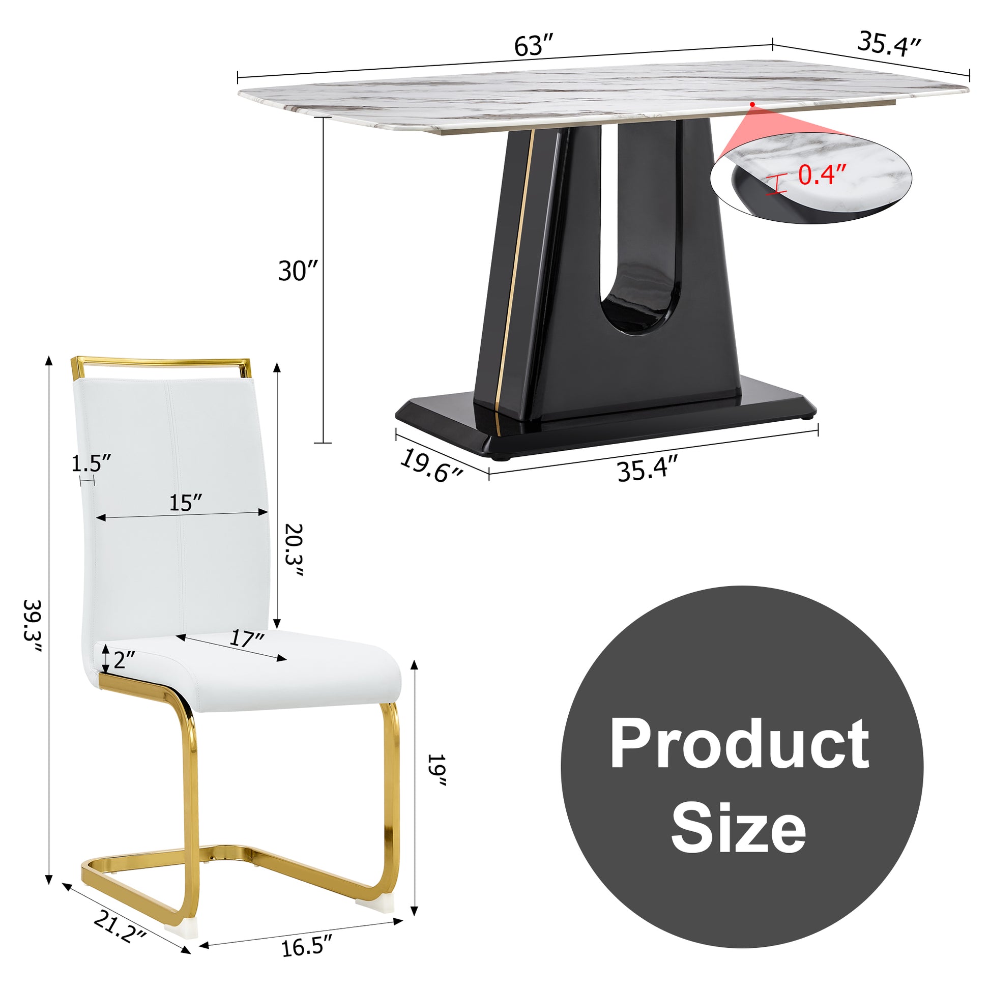 Rectangular Marble Designed Table and Gold Plated Dining Chair Set- 6 Seater, White+White_1