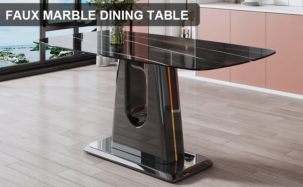 Rectangular Faux Marble Designed Table and Gold Plated Dining Chair Set- 6 Seater, Black+White_12