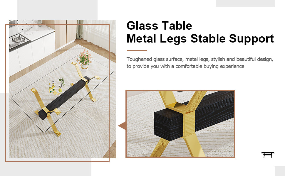 Modern Luxury Tempered Glass Table and Gold Plated Dining Chair Set- 6 Seater, Black+White_6