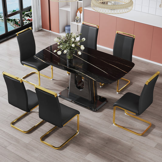 Rectangular Marble Designed Table and Gold Plated Dining Chair Set- 6 Seater, Black+Black_0