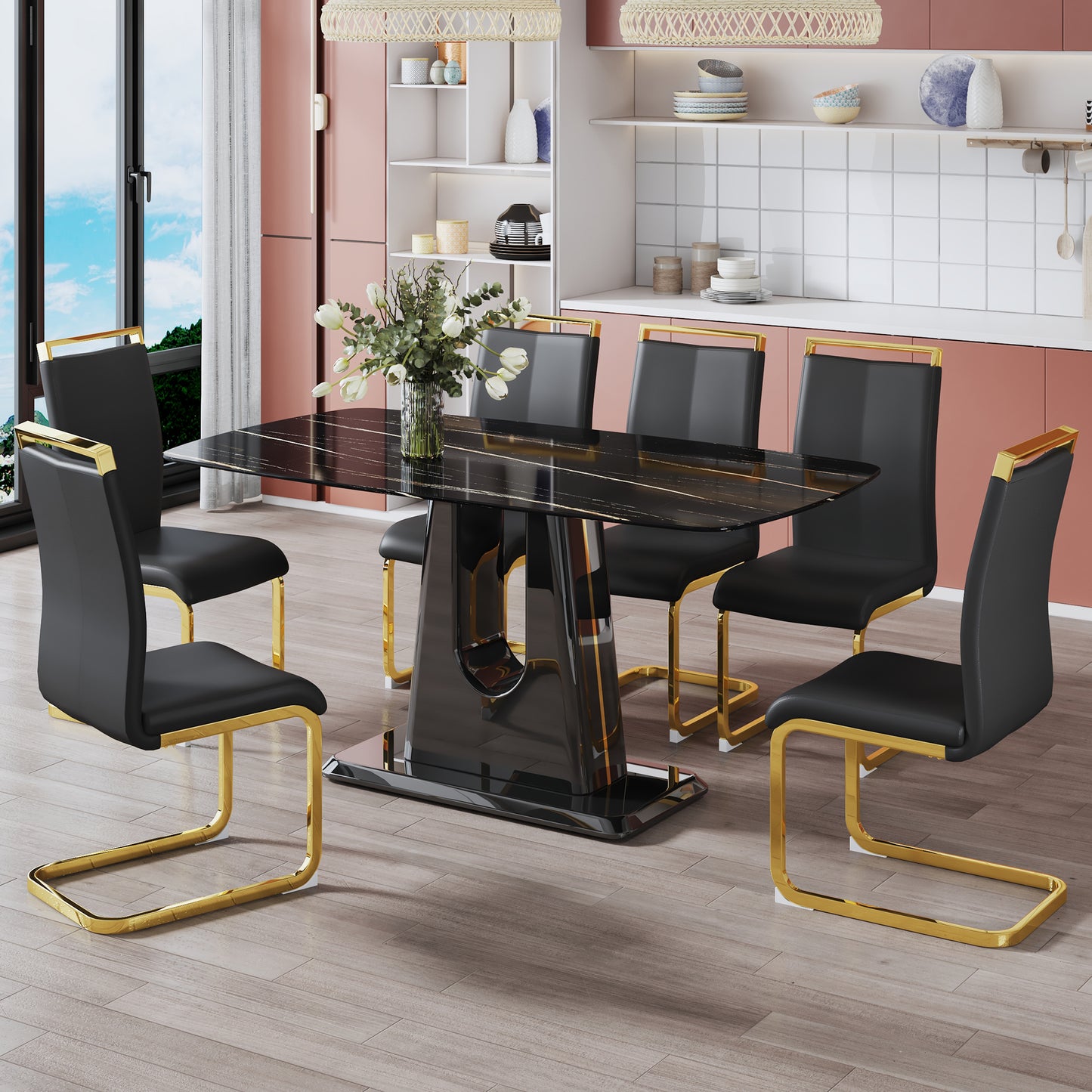 Rectangular Marble Designed Table and Gold Plated Dining Chair Set- 6 Seater, Black+Black_1