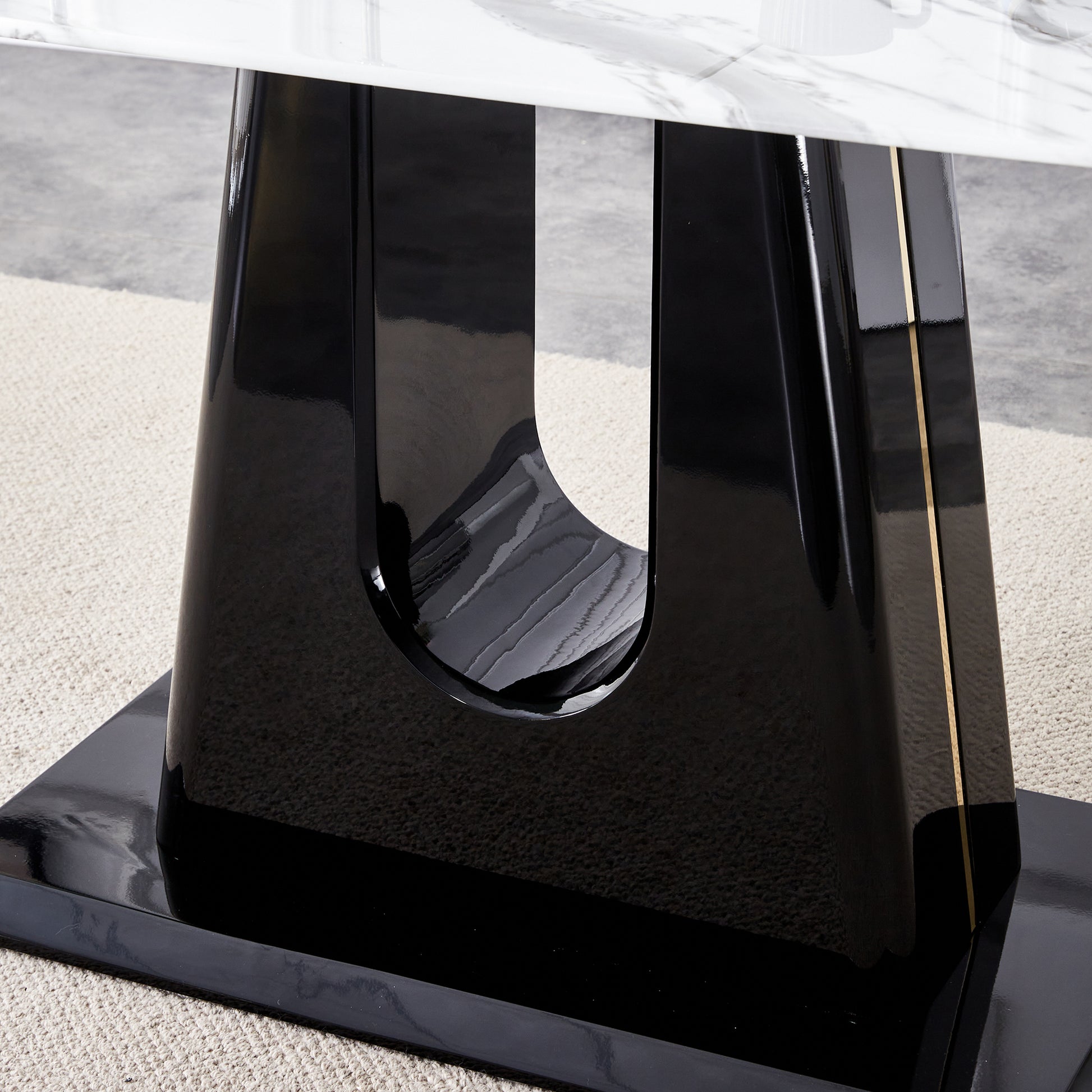 Rectangular Marble Designed Table and Gold Plated Dining Chair Set- 6 Seater, White+Black_3