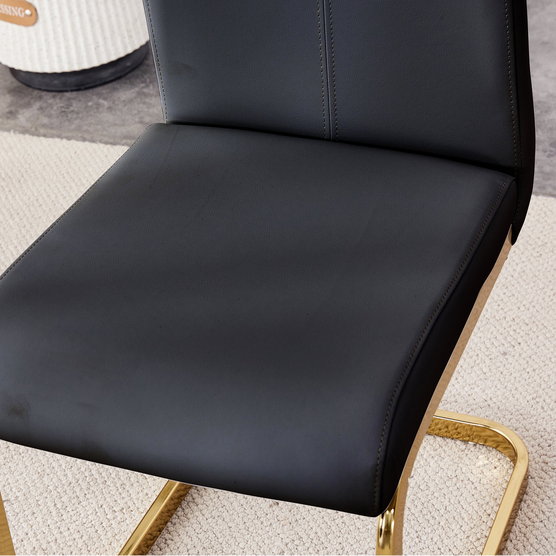 Rectangular Marble Designed Table and Gold Plated Dining Chair Set- 6 Seater, White+Black_6