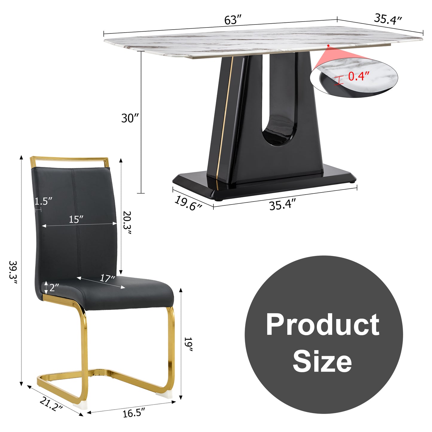 Rectangular Marble Designed Table and Gold Plated Dining Chair Set- 6 Seater, White+Black_12