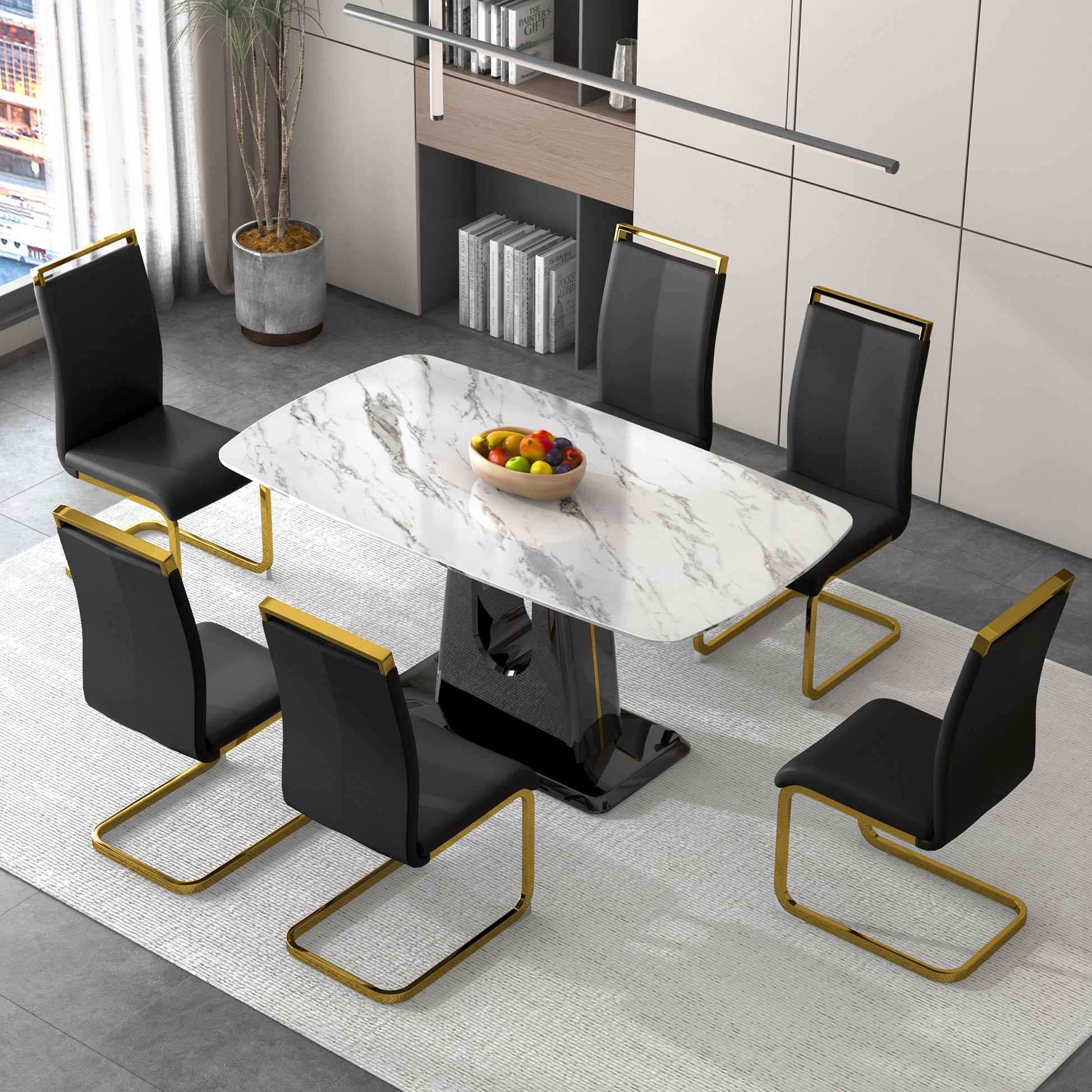 Rectangular Marble Designed Table and Gold Plated Dining Chair Set- 6 Seater, White+Black_0