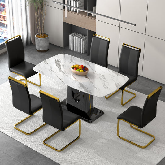 Rectangular Marble Designed Table and Gold Plated Dining Chair Set- 6 Seater, White+Black_0