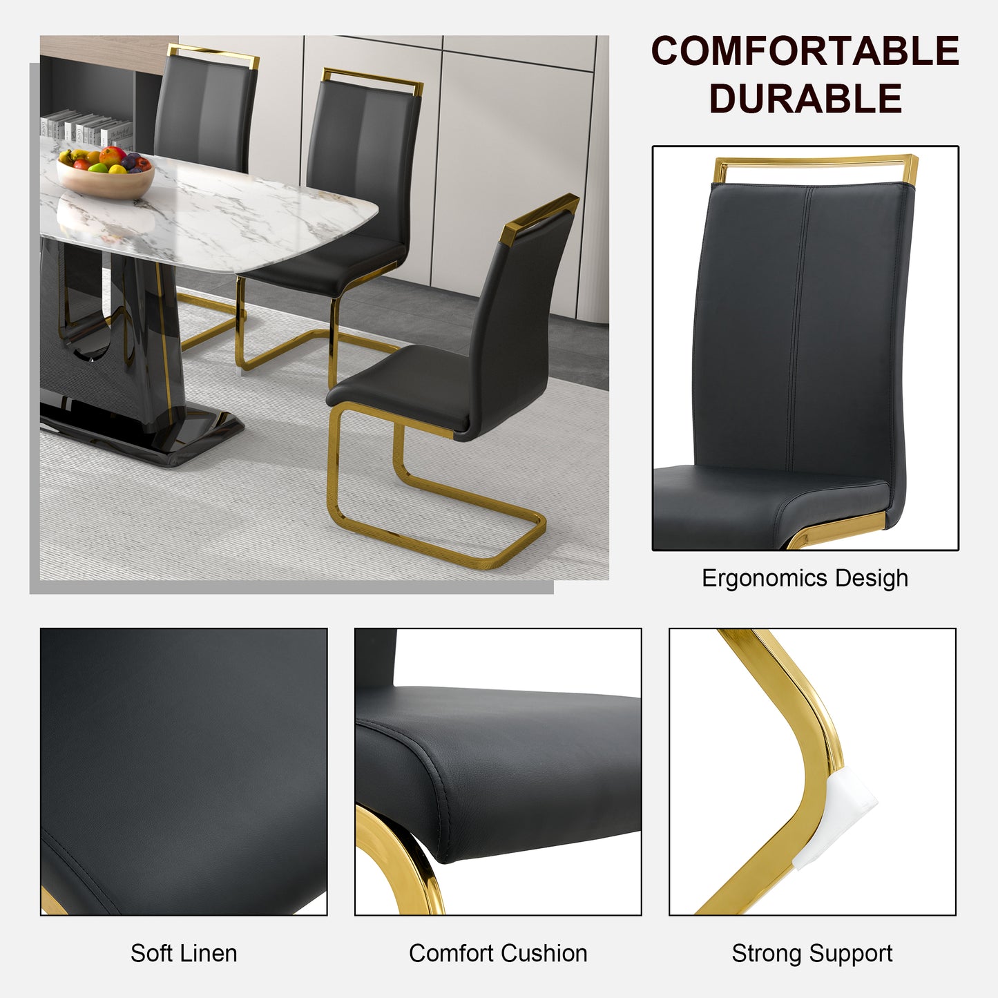 Rectangular Marble Designed Table and Gold Plated Dining Chair Set- 6 Seater, White+Black_11
