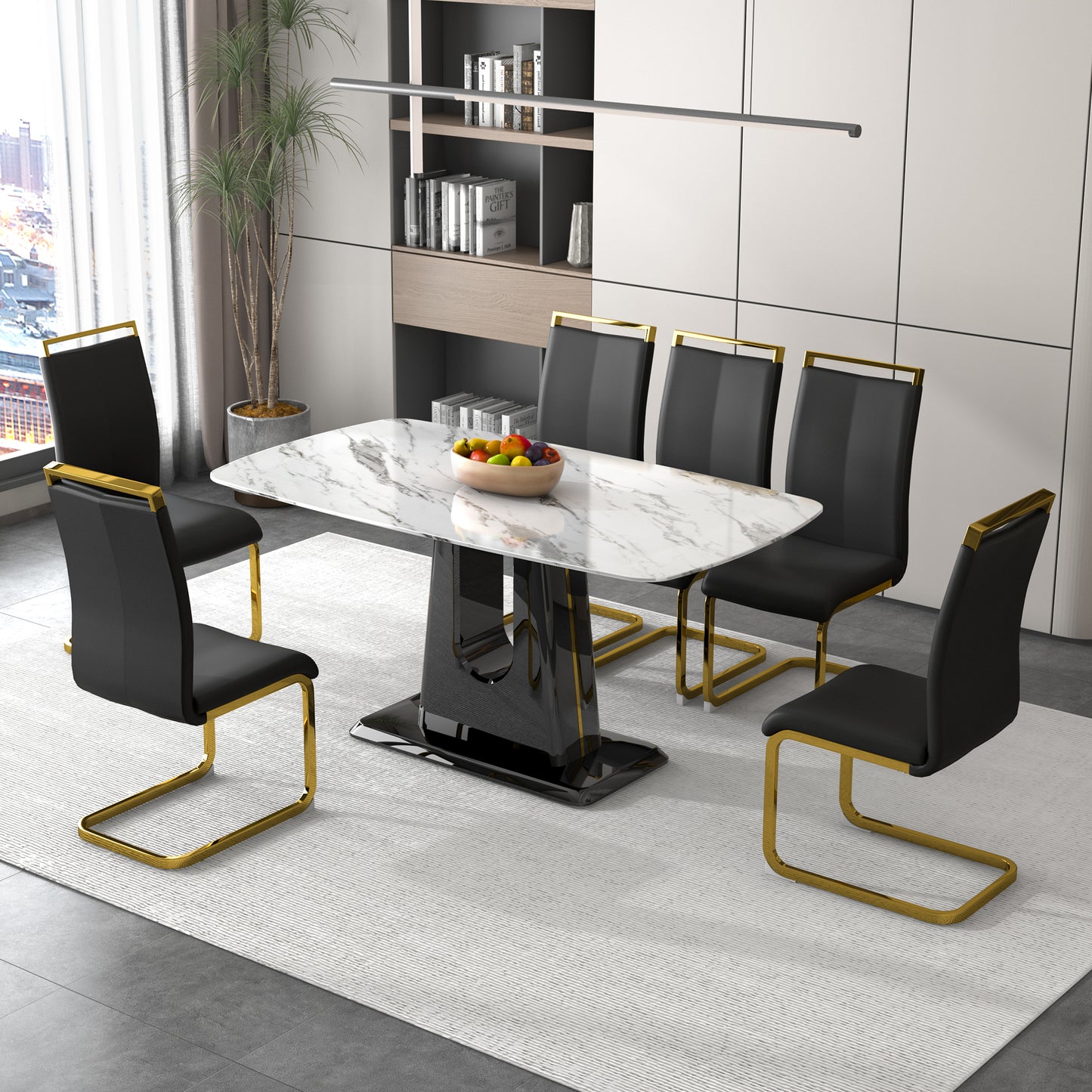 Rectangular Marble Designed Table and Gold Plated Dining Chair Set- 6 Seater, White+Black_1
