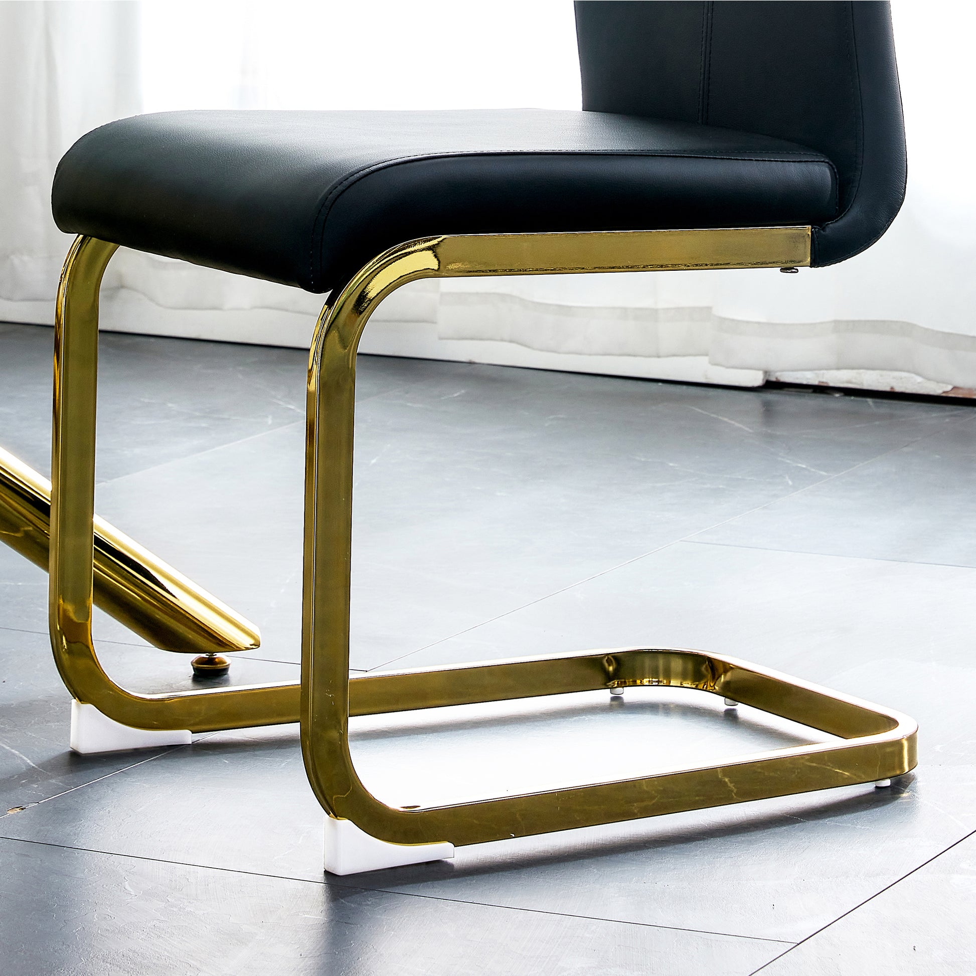 Rectangular Marble Designed Table and Gold Plated Dining Chair Set- 6 Seater, White+Black_8