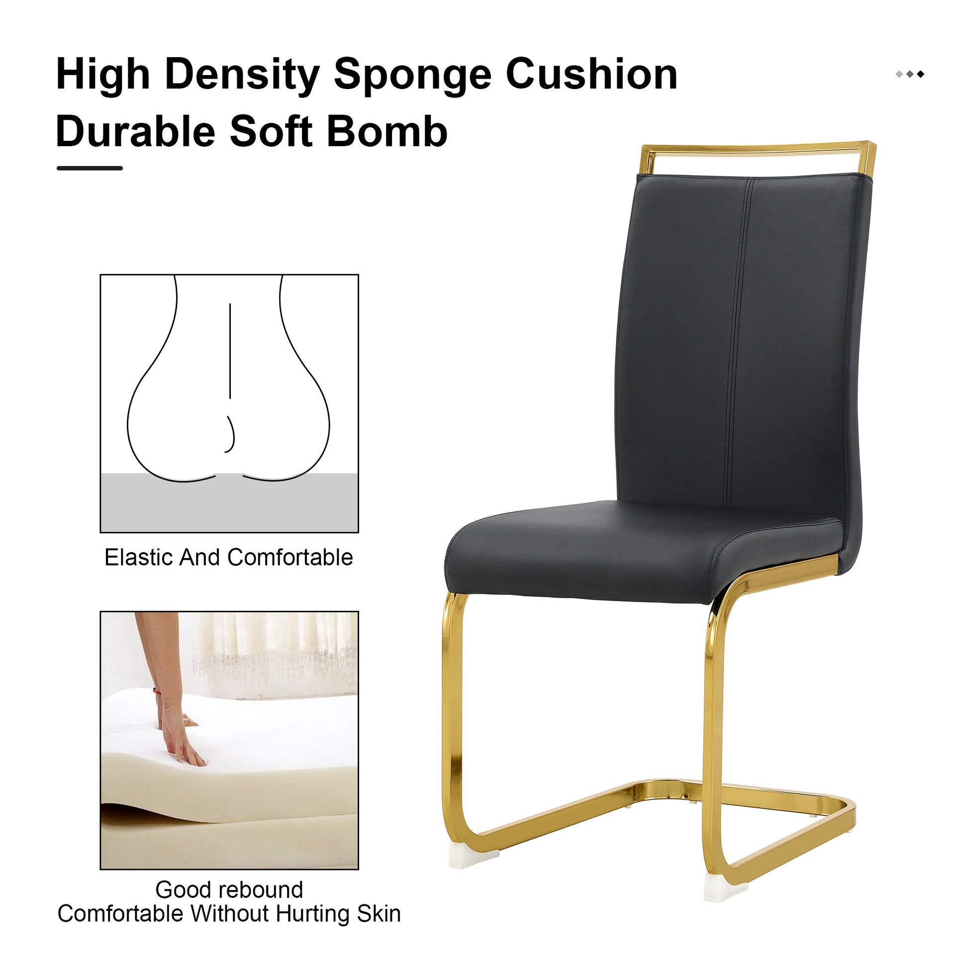 Rectangular Marble Designed Table and Gold Plated Dining Chair Set- 6 Seater, White+Black_2