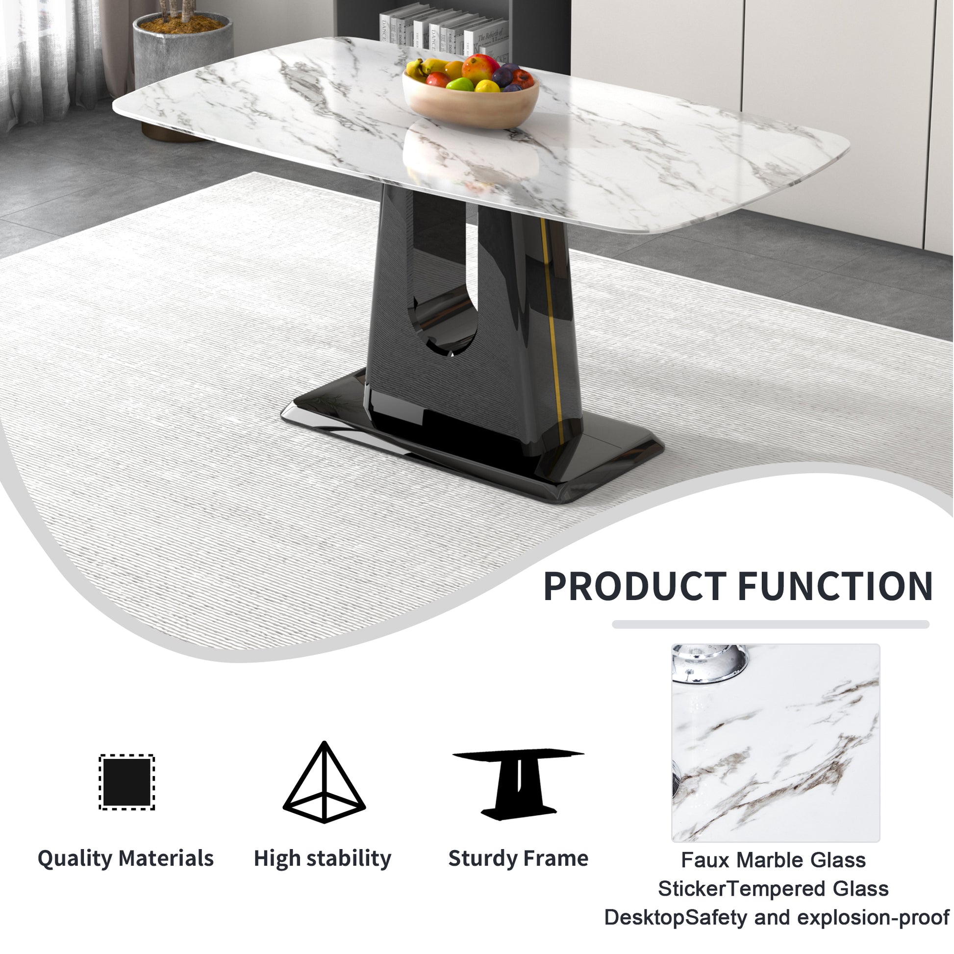 Rectangular Marble Designed Table and Gold Plated Dining Chair Set- 6 Seater, White+Black_10