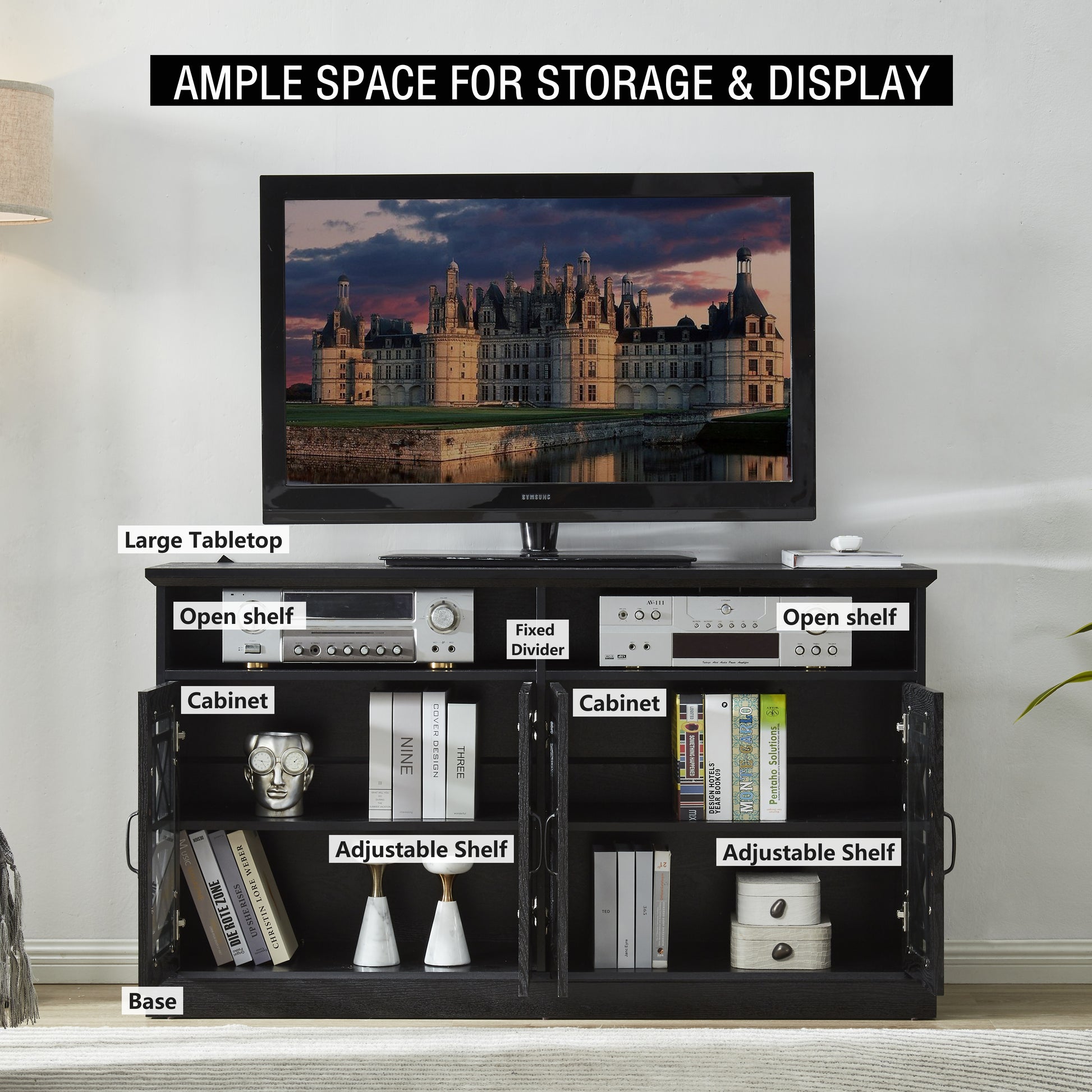 53" TV Console Storage Buffet Cabinet Sideboard Black- Wood Grain Finish_2