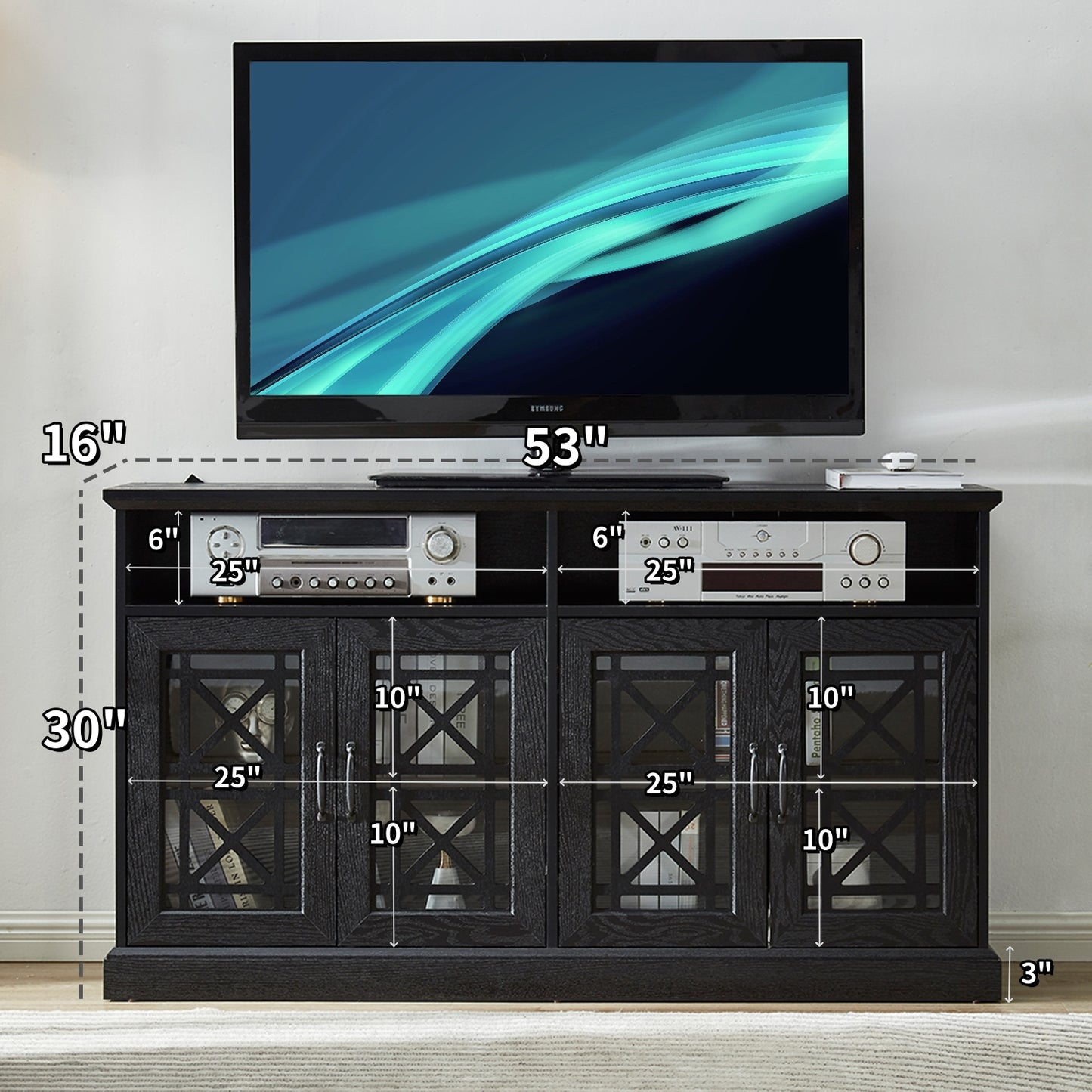 53" TV Console Storage Buffet Cabinet Sideboard Black- Wood Grain Finish_6