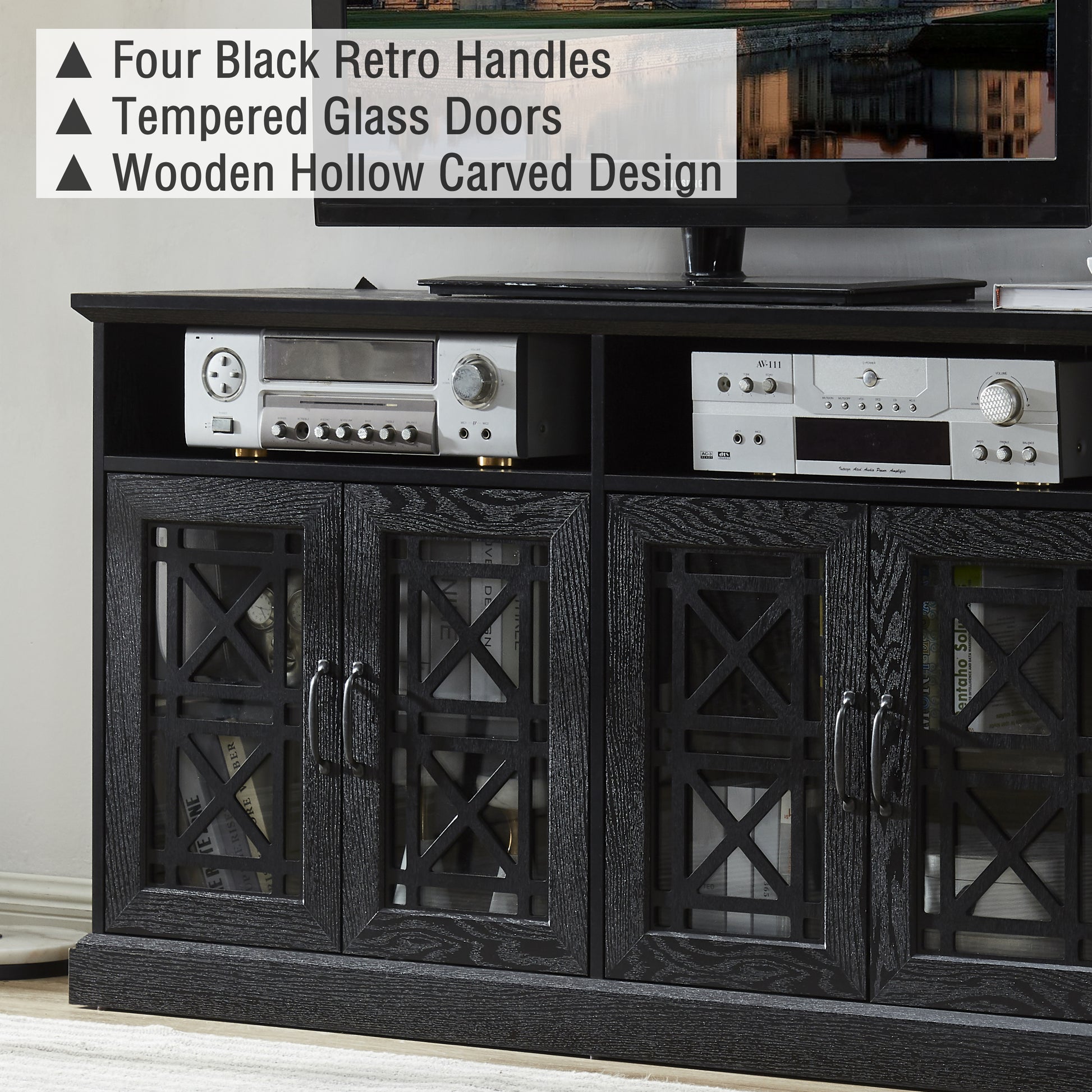 53" TV Console Storage Buffet Cabinet Sideboard Black- Wood Grain Finish_3