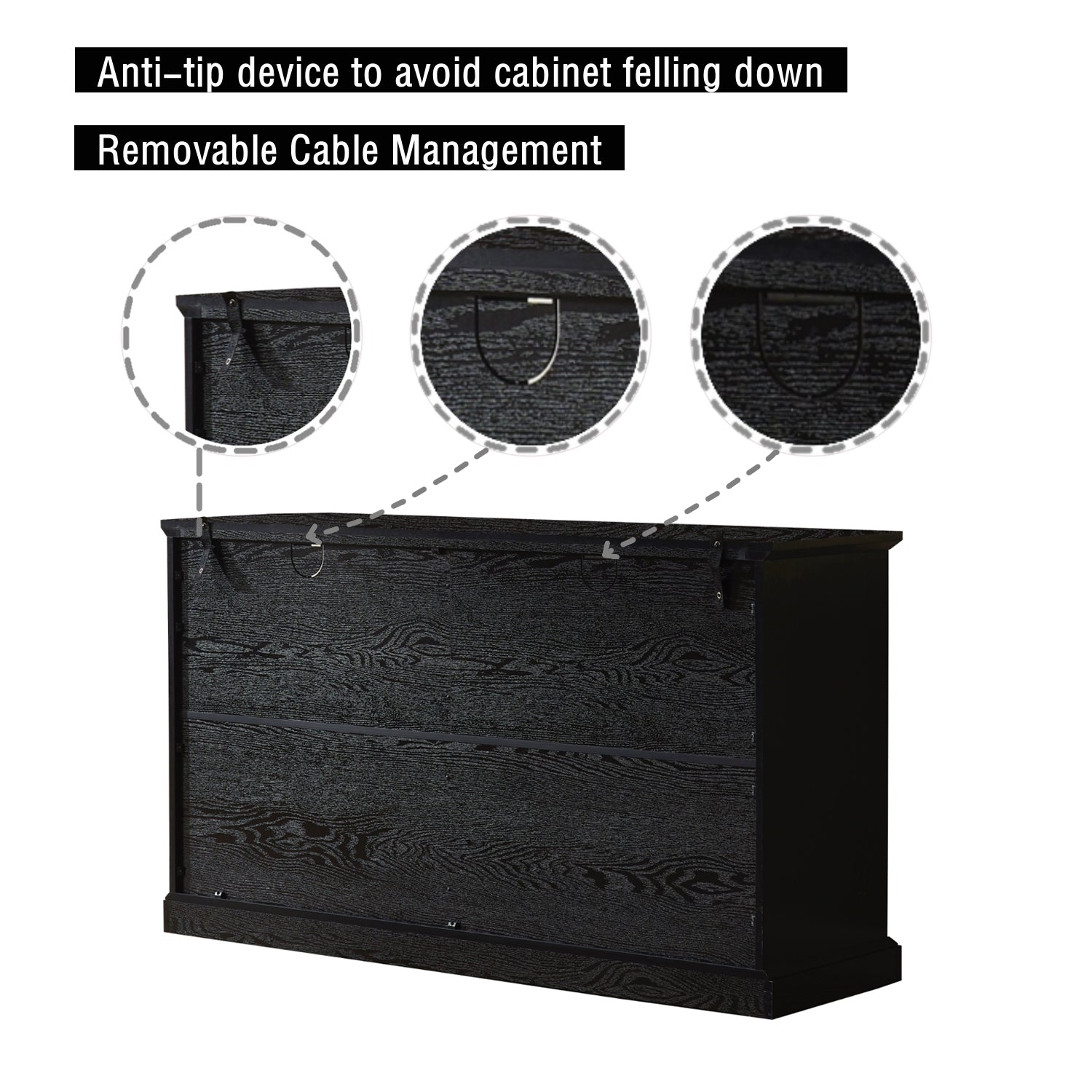 53" TV Console Storage Buffet Cabinet Sideboard Black- Wood Grain Finish_5