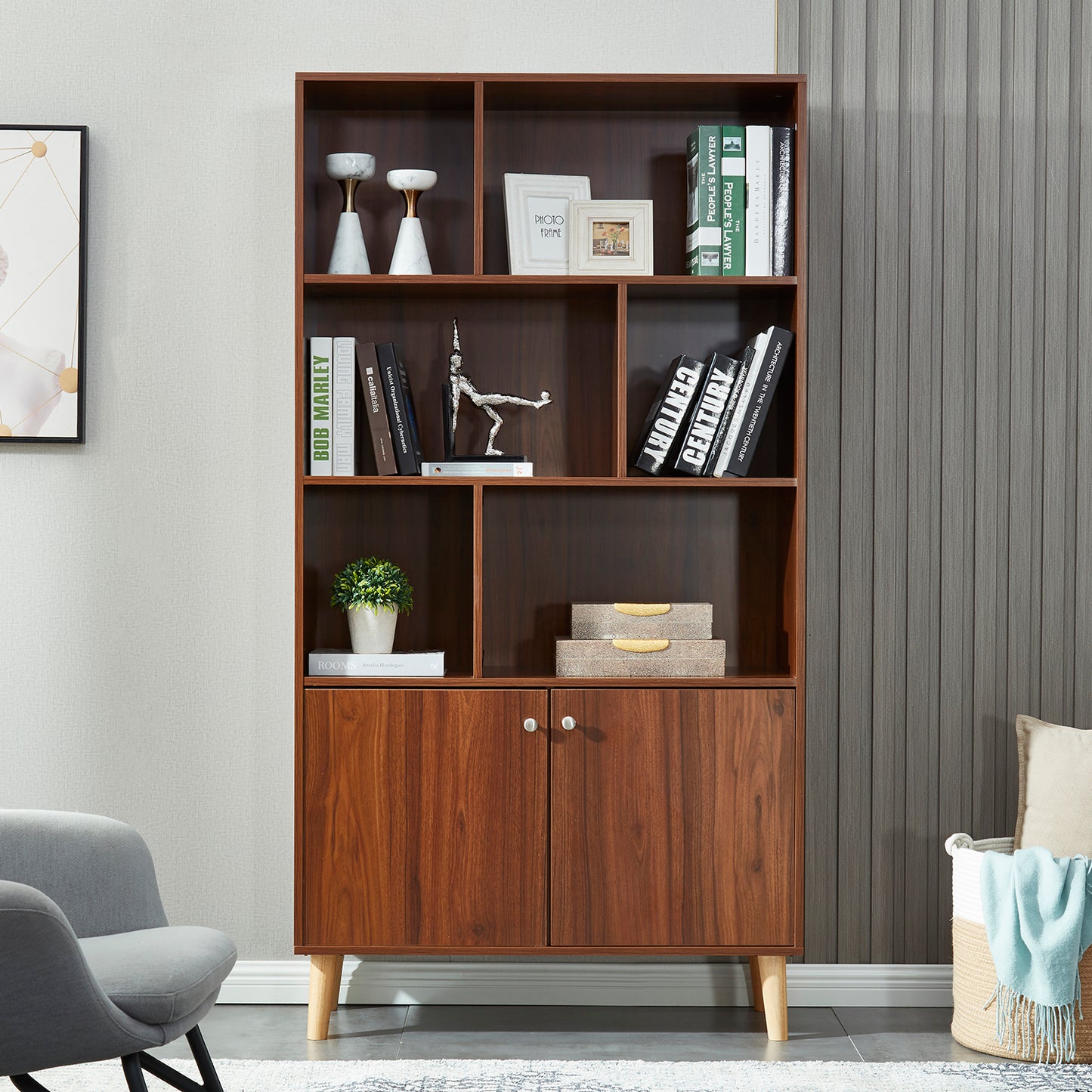 Wood Storage Cabinet with 3-Tier Open Shelf_0