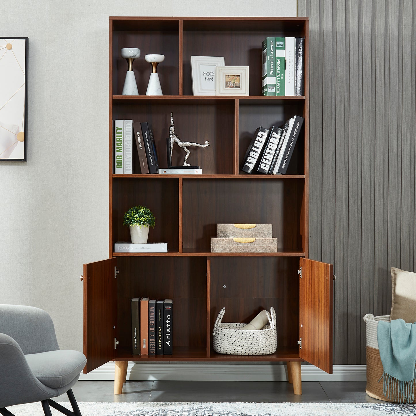 Wood Storage Cabinet with 3-Tier Open Shelf_1
