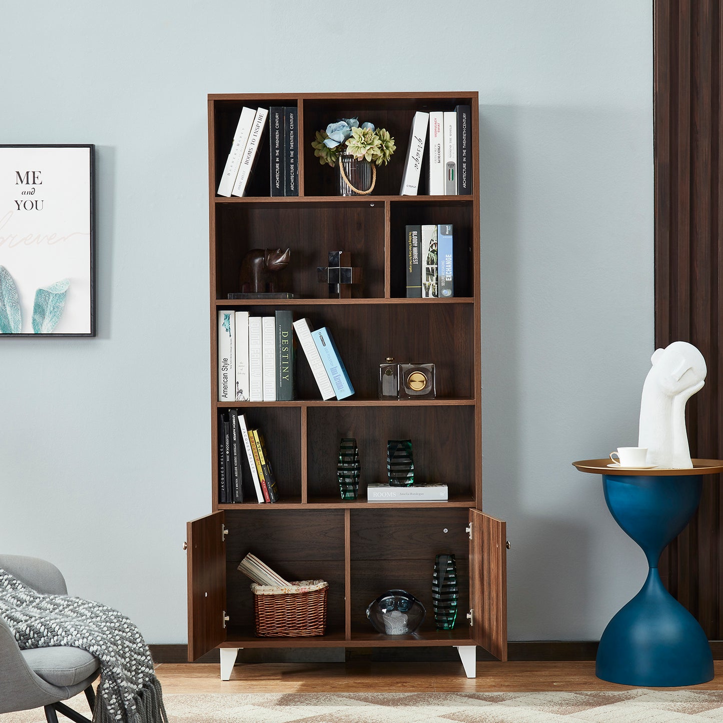 2 Doors Wood Storage Cabinet With 7 Open Storage Shelf_0