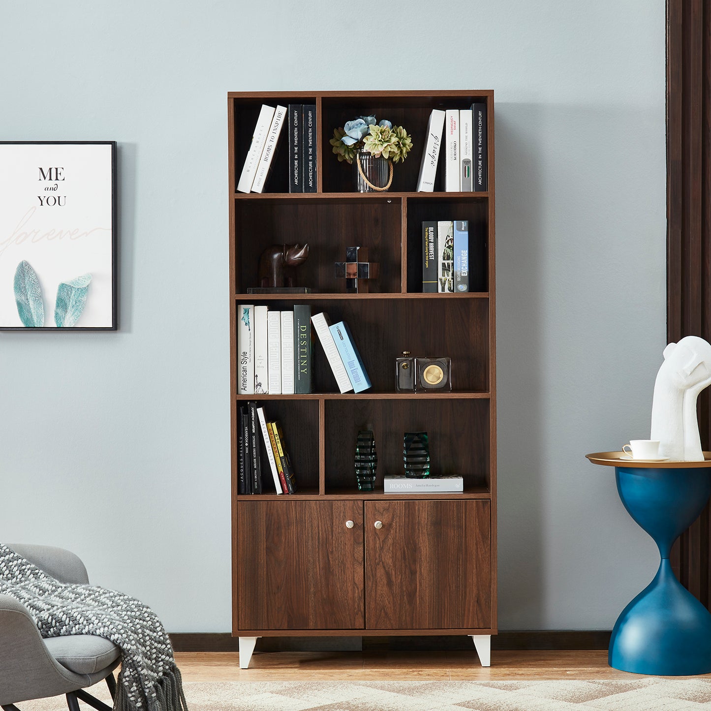 2 Doors Wood Storage Cabinet With 7 Open Storage Shelf_1