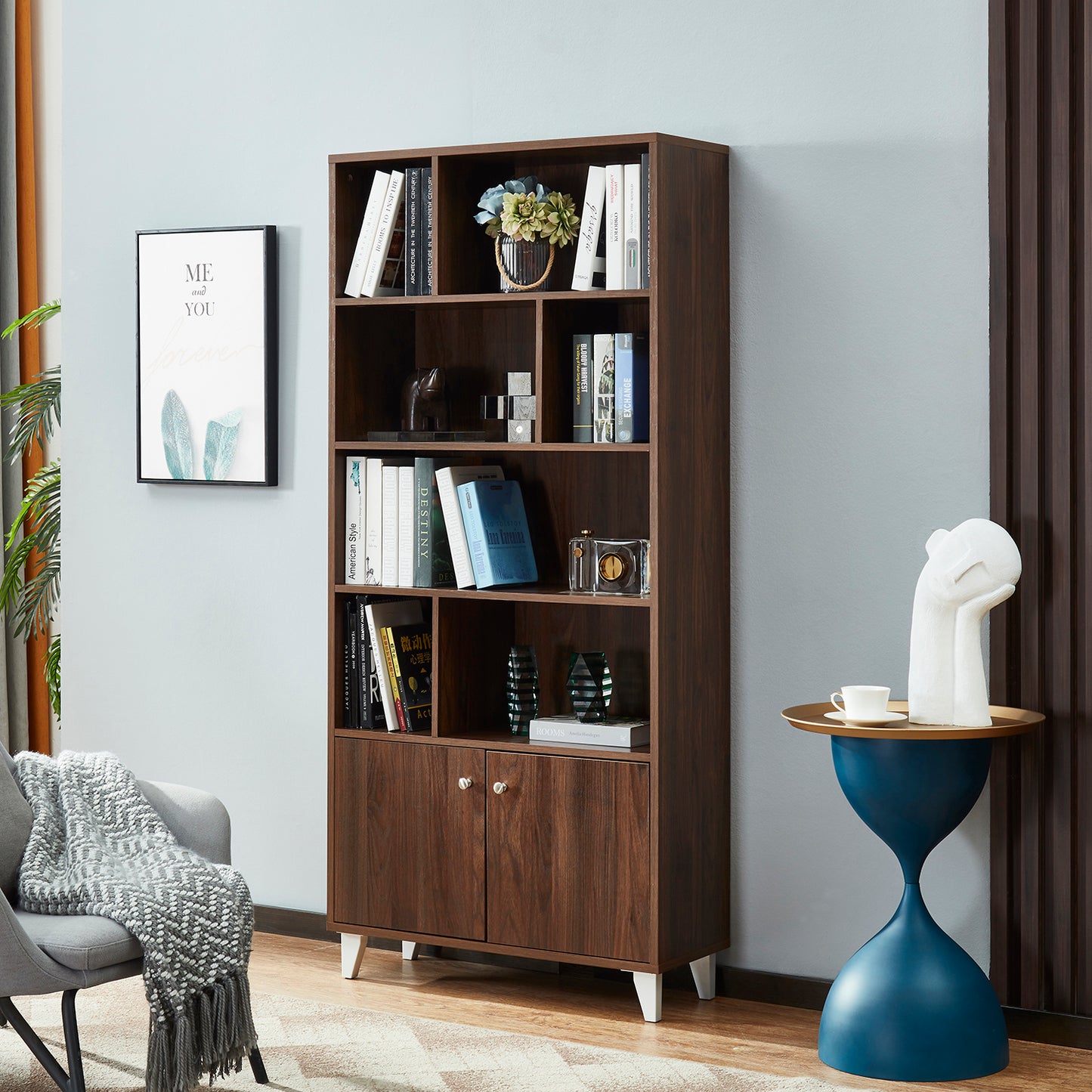 2 Doors Wood Storage Cabinet With 7 Open Storage Shelf_2