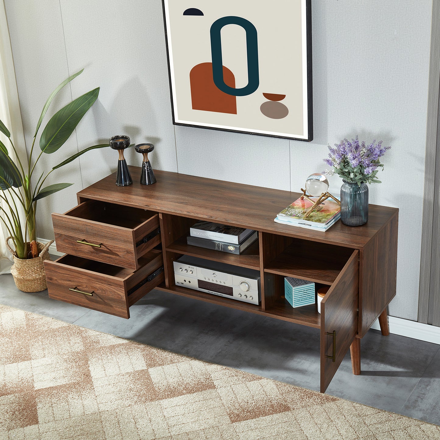 55" TV Stand with 4 Drawers and 2 Open Shelves-Walnut Wood_2