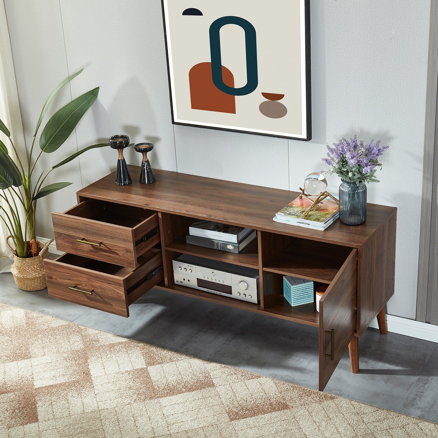 55" TV Stand with 4 Drawers and 2 Open Shelves-Walnut Wood_2