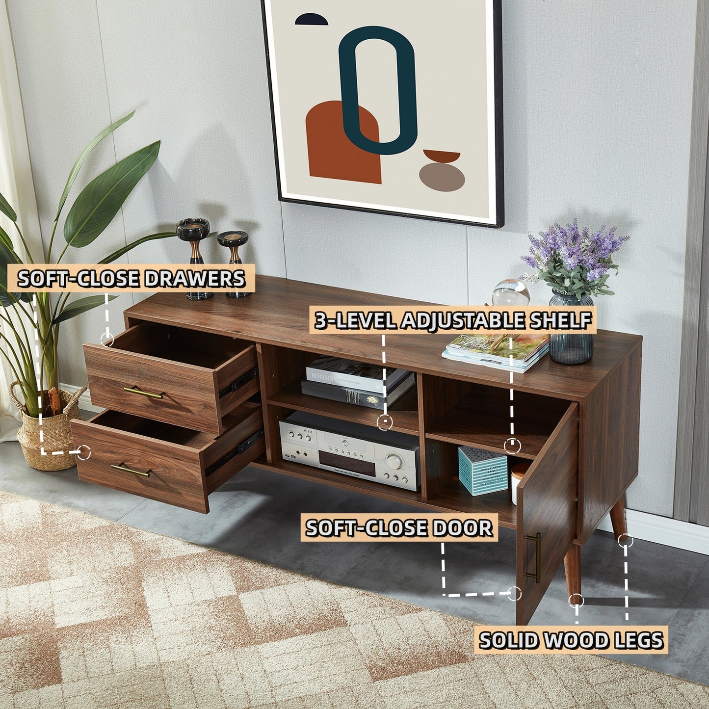 55" TV Stand with 4 Drawers and 2 Open Shelves-Walnut Wood_1