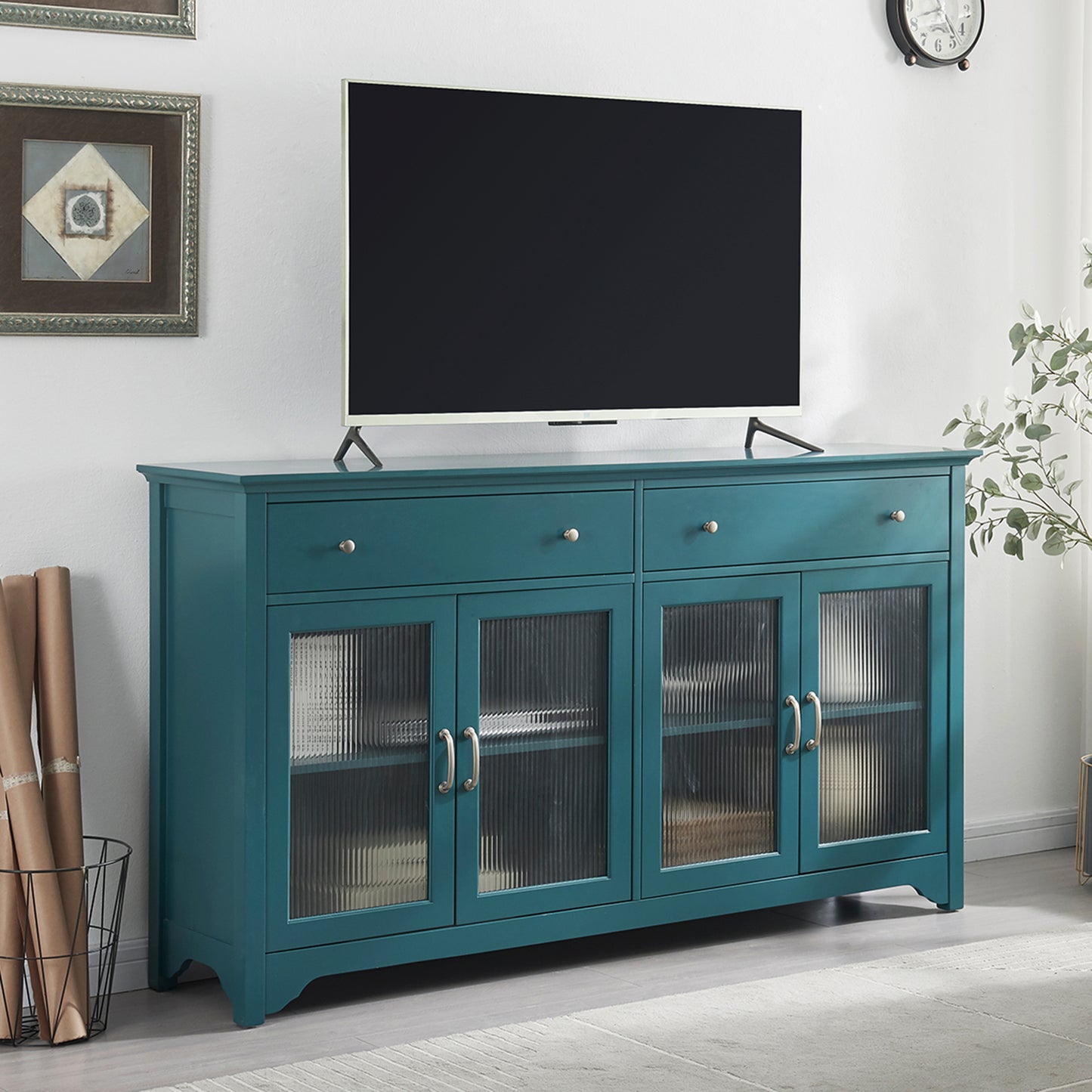 66" TV Storage Buffet Cabinet with Glass Door and Adjustable Shelves, Console Table-Teal Blue_1