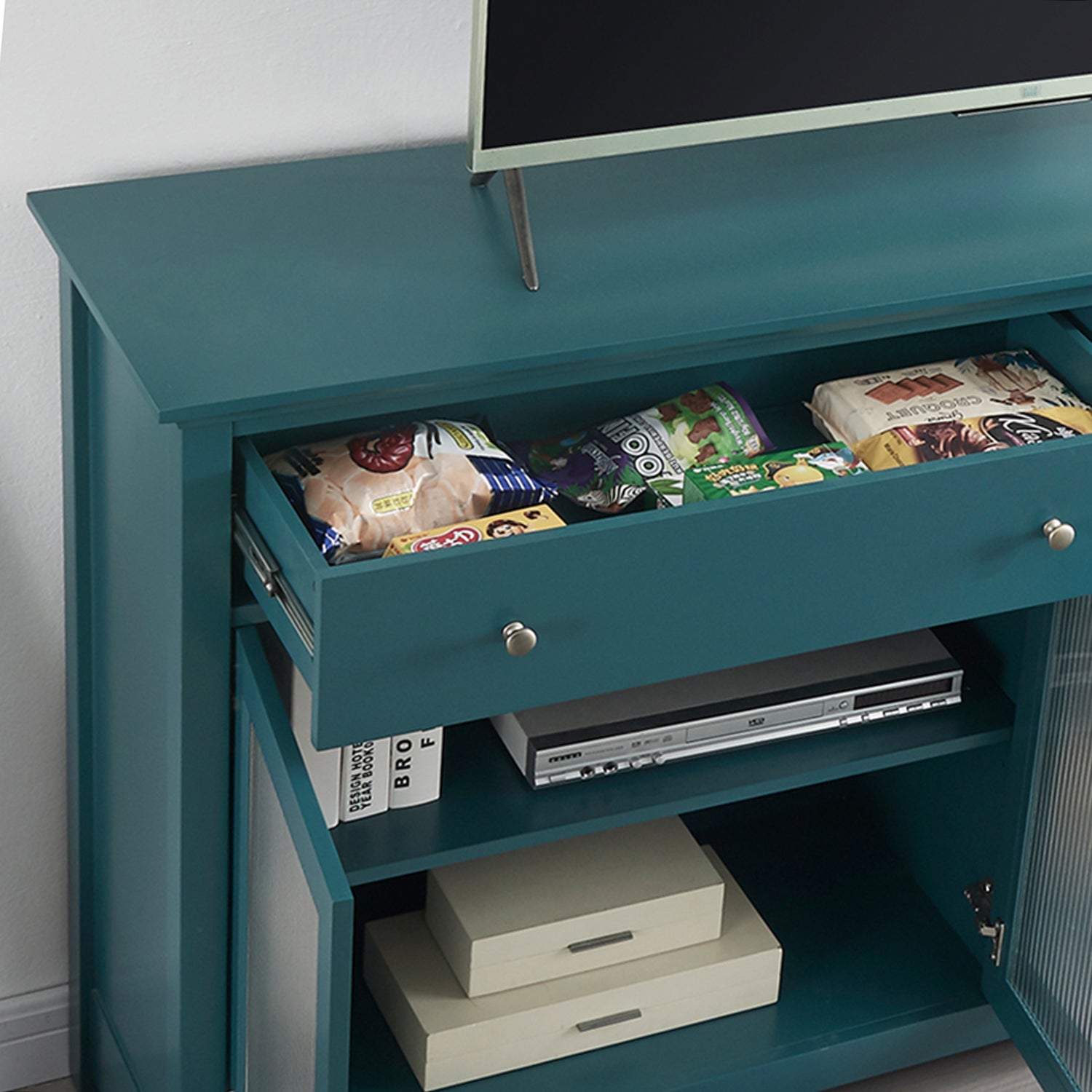 66" TV Storage Buffet Cabinet with Glass Door and Adjustable Shelves, Console Table-Teal Blue_4