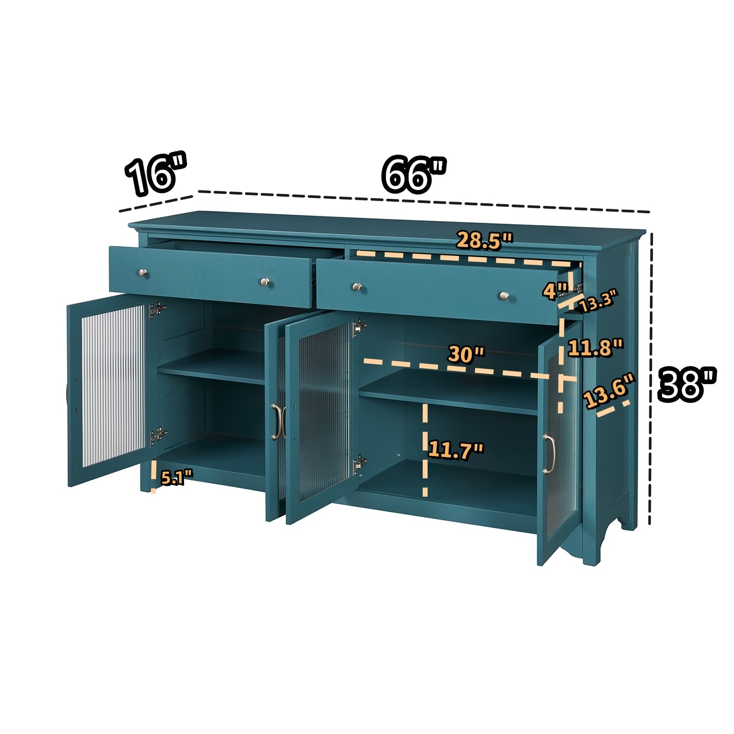 66" TV Storage Buffet Cabinet with Glass Door and Adjustable Shelves, Console Table-Teal Blue_9