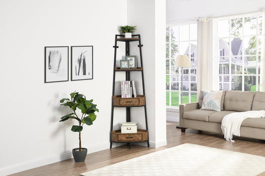 72.64'' Tall 4-tier Corner Shelf Bookcase with Two Drawers-Black_1