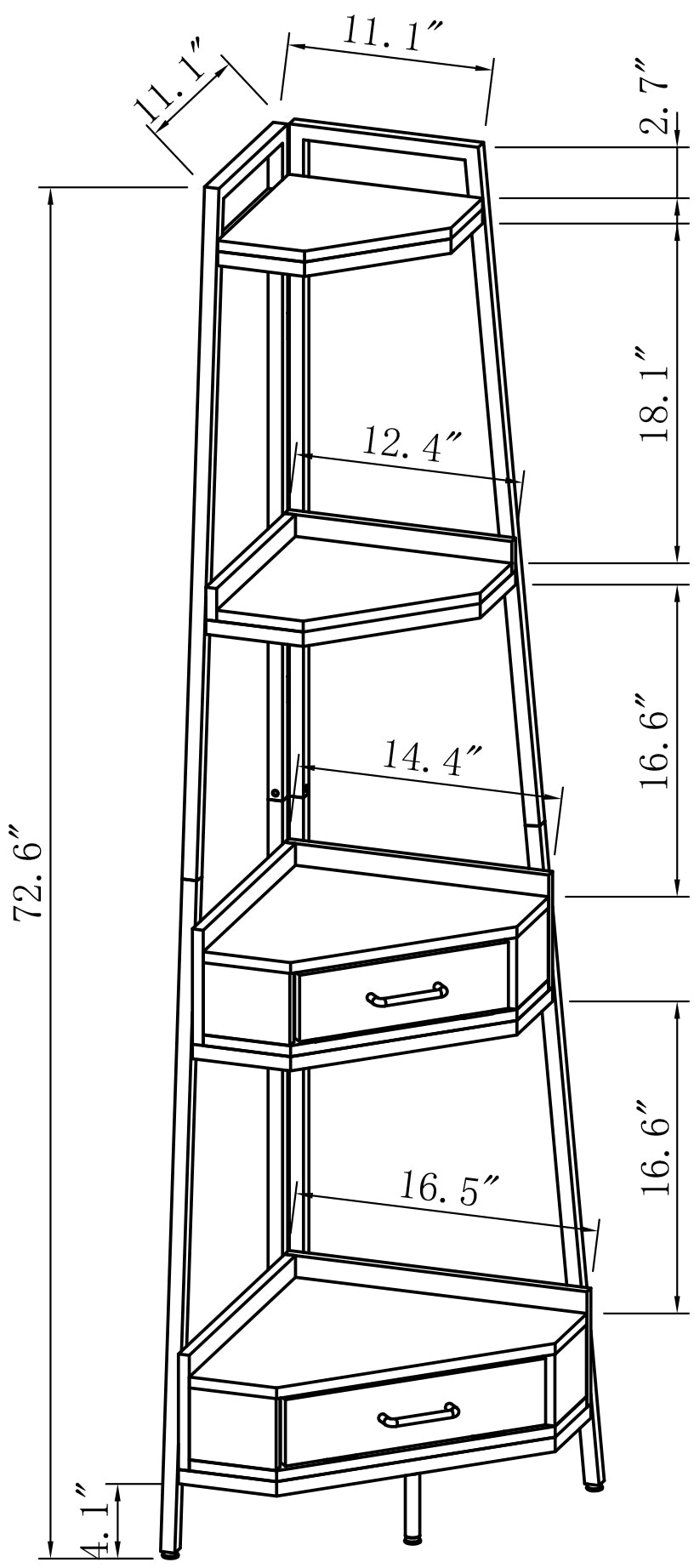 72.64'' Tall 4-tier Corner Shelf Bookcase with Two Drawers-Black_8