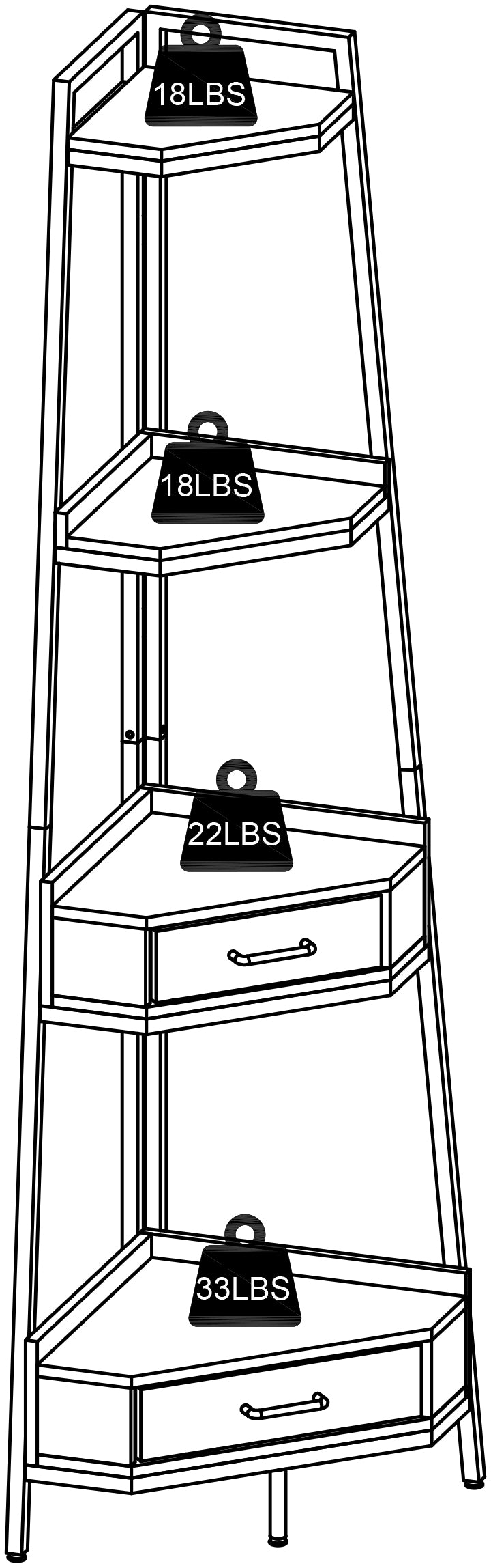 72.64'' Tall 4-tier Corner Shelf Bookcase with Two Drawers-Black_9