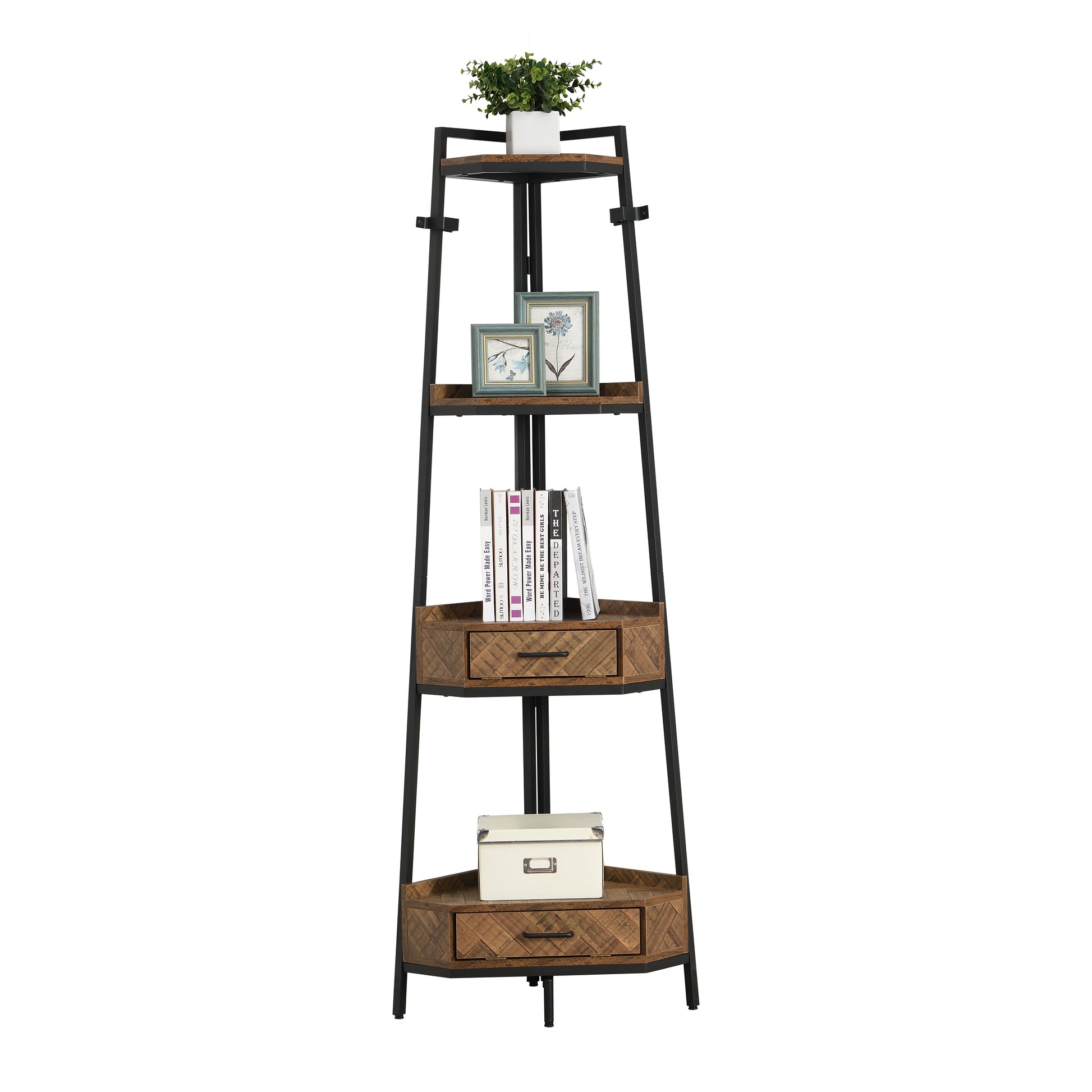 72.64'' Tall 4-tier Corner Shelf Bookcase with Two Drawers-Black_3