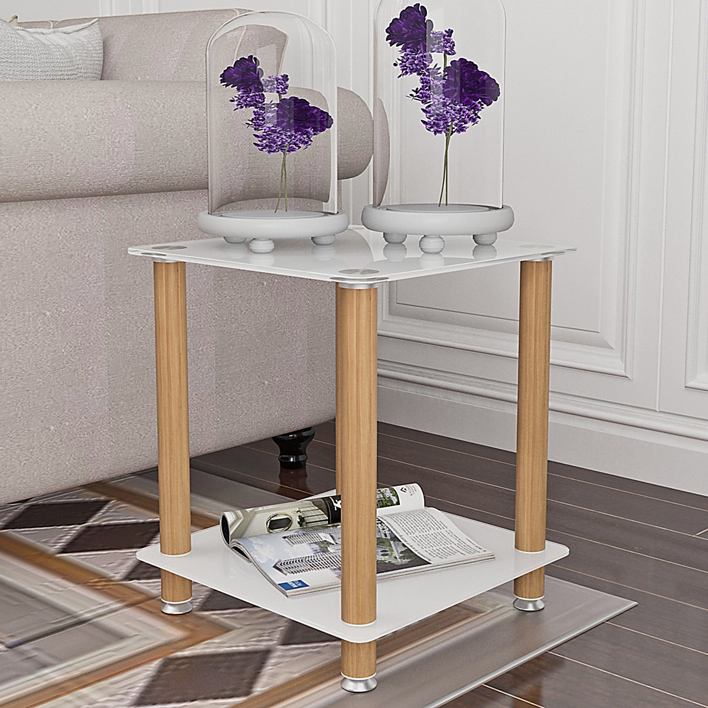 2 Tiers Space Saving End Table Modern Design Night Stand with Storage Shelve- White+Oak_1