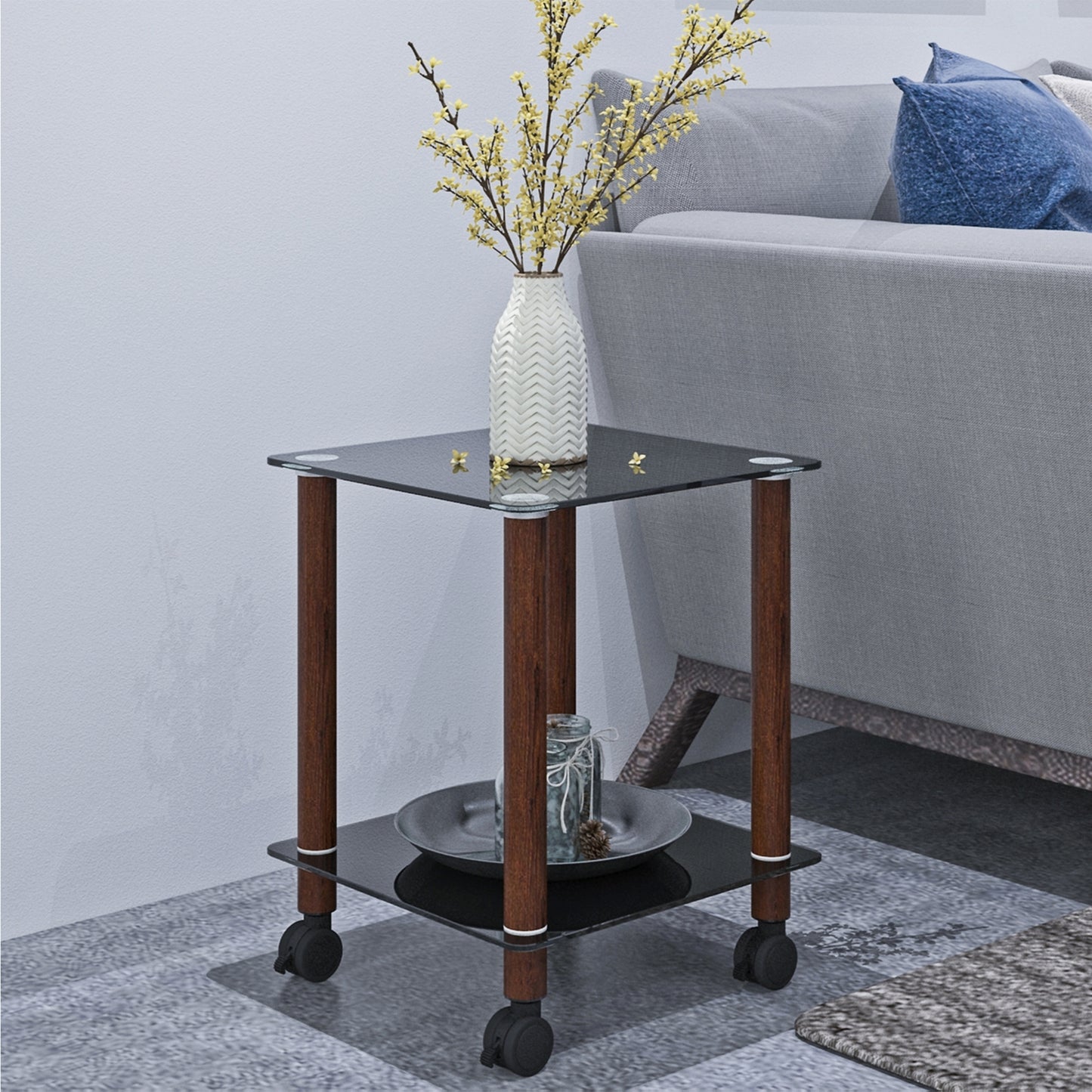 2 Tiers Space Saving End Table Modern Design Night Stand with Storage Shelve- Black+Walnut_2