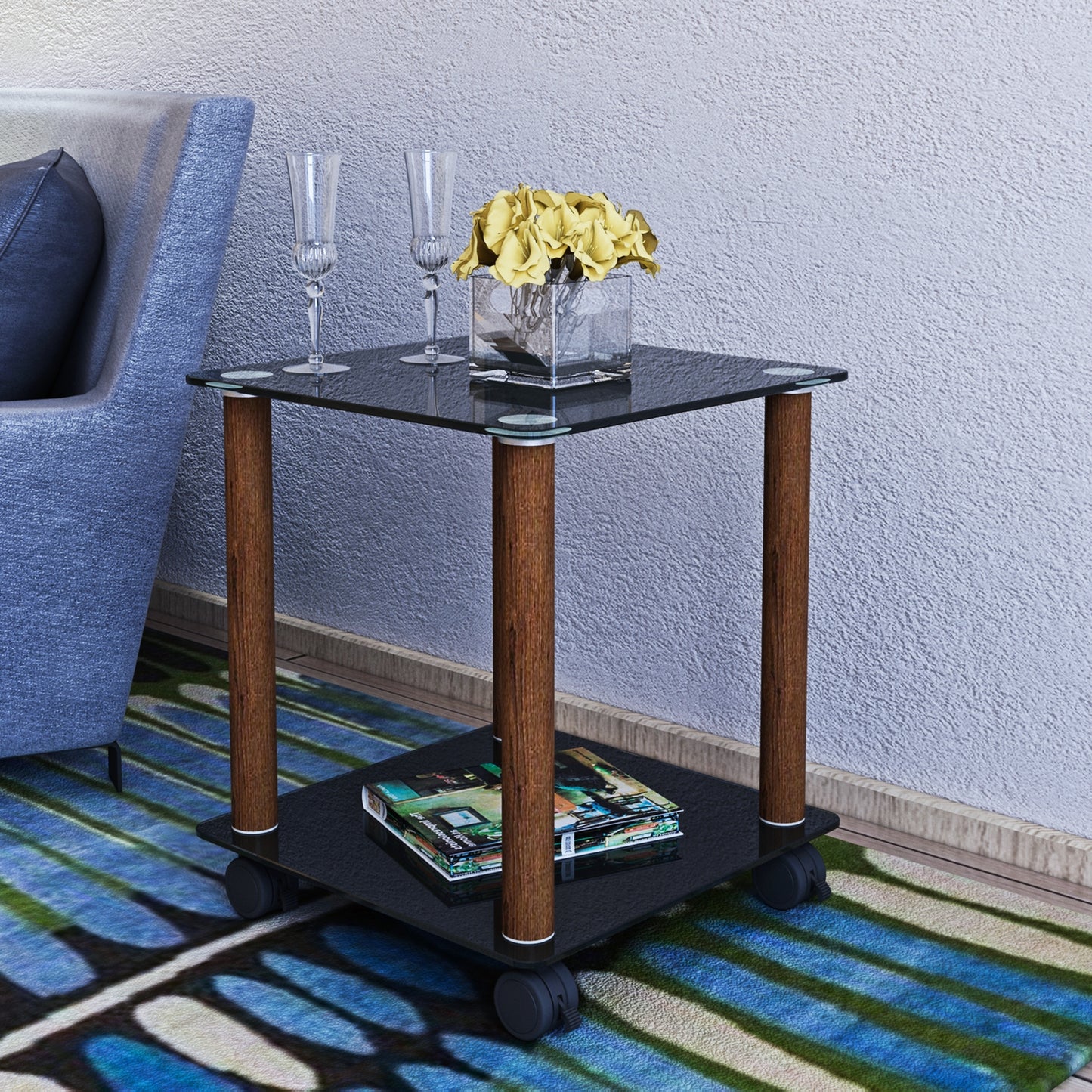 2 Tiers Space Saving End Table Modern Design Night Stand with Storage Shelve- Black+Walnut_3