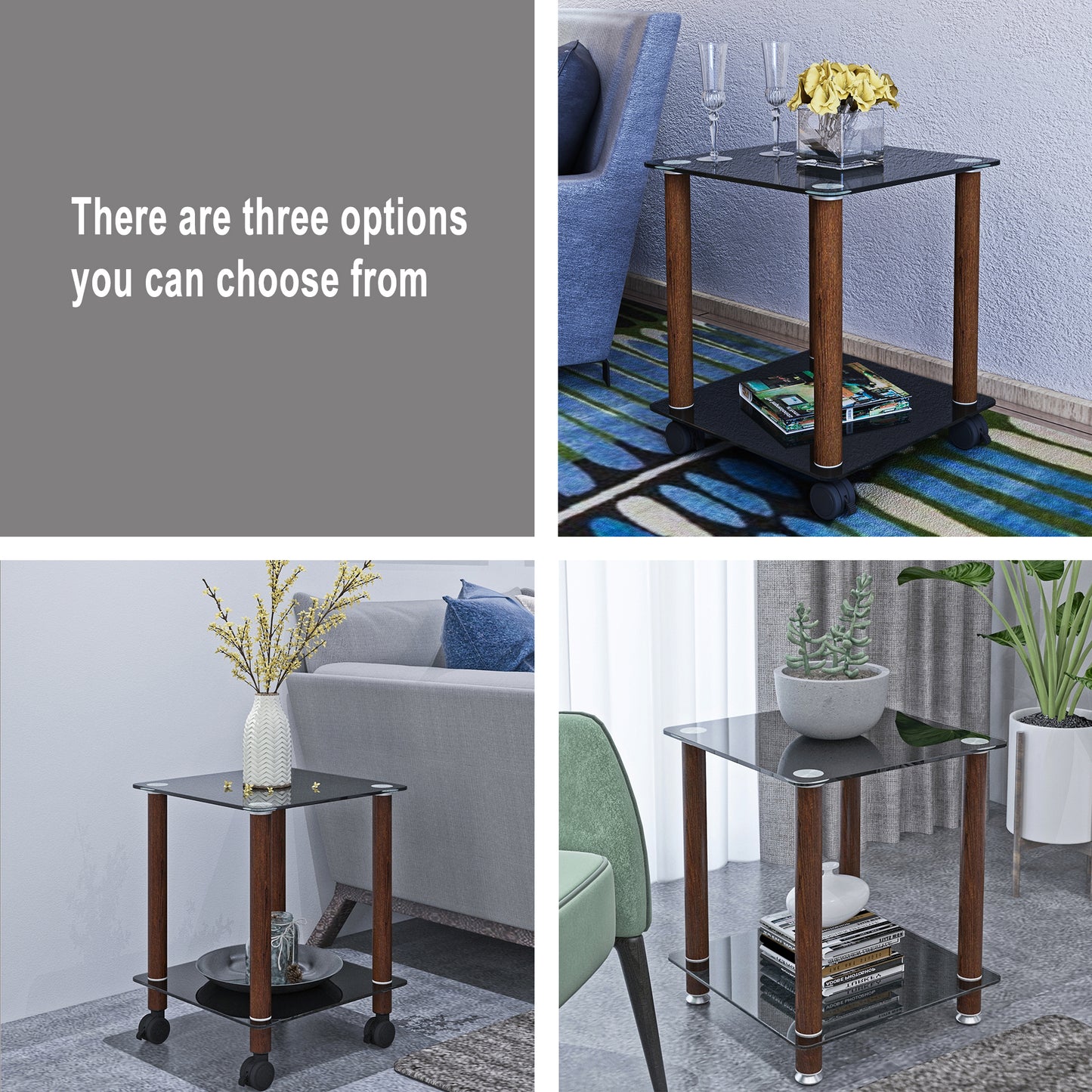 2 Tiers Space Saving End Table Modern Design Night Stand with Storage Shelve- Black+Walnut_4