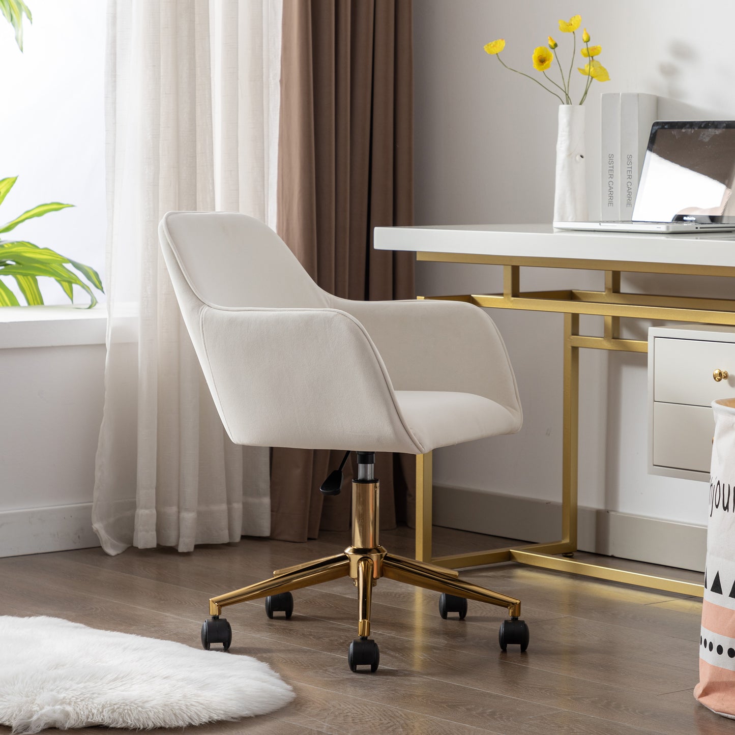 360° Revolving Modern Design Velvet Home and Office Chair with Metal Legs- Ivory_1